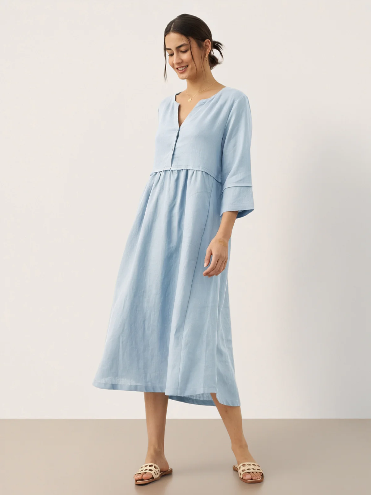 100% Linen Loose Fit Button Waist Gathered Maxi Dress LUNA - Image 33