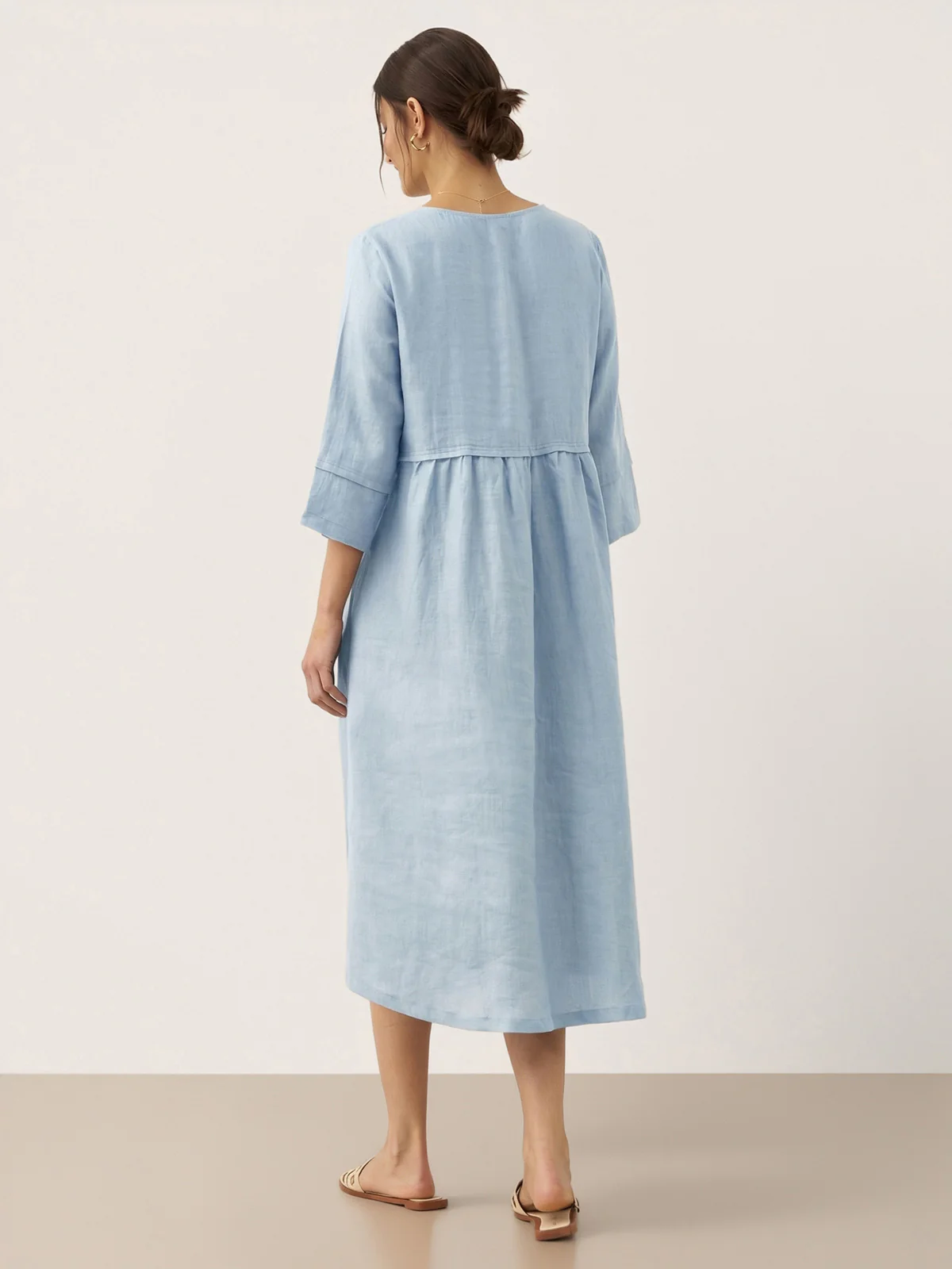 100% Linen Loose Fit Button Waist Gathered Maxi Dress LUNA - Image 35