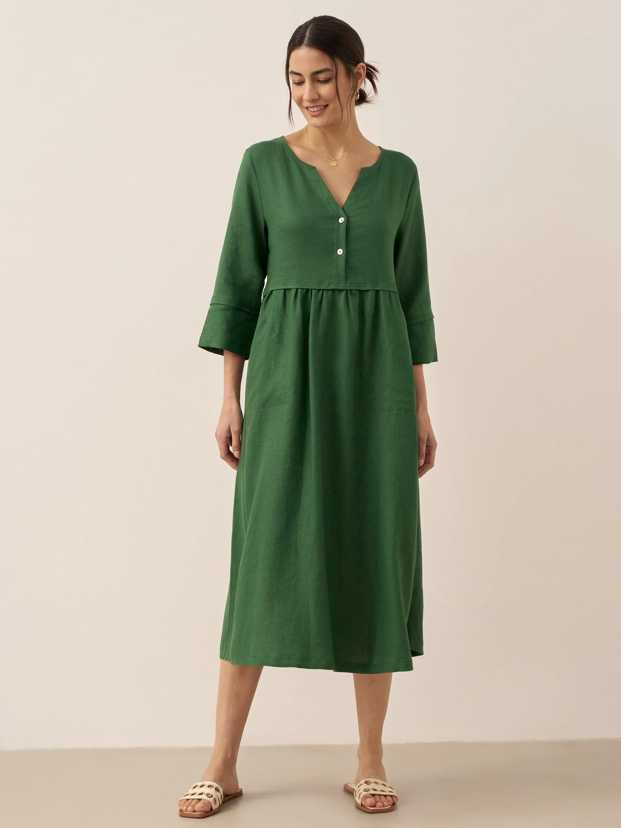 100% Linen Loose Fit Button Waist Gathered Maxi Dress LUNA - Image 18