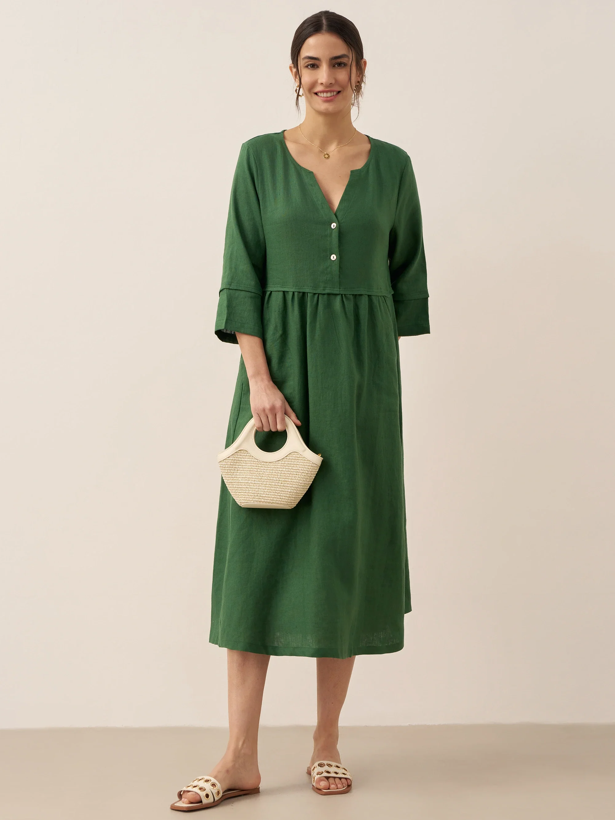 100% Linen Loose Fit Button Waist Gathered Maxi Dress LUNA - Image 19