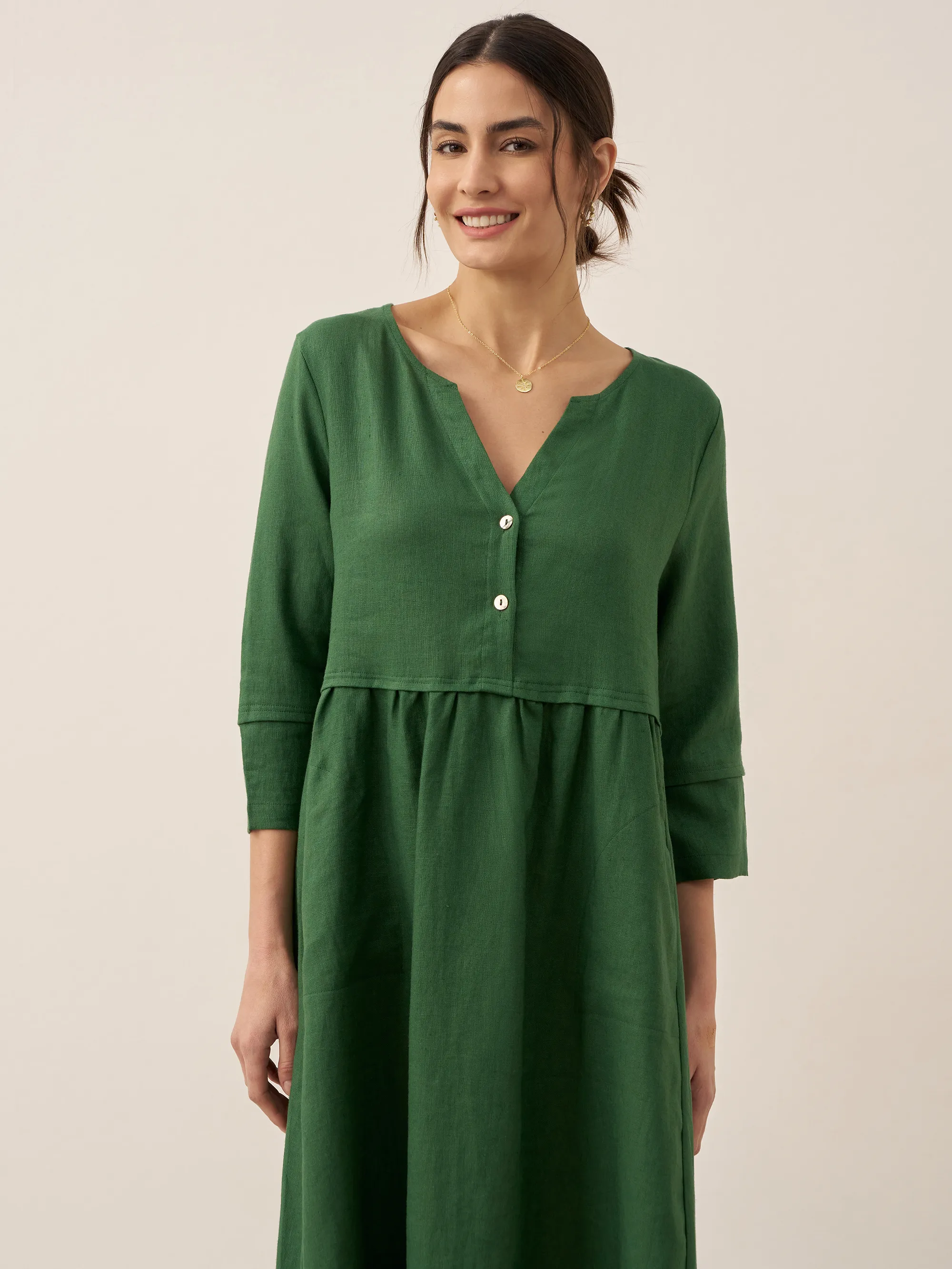 100% Linen Loose Fit Button Waist Gathered Maxi Dress LUNA - Image 22