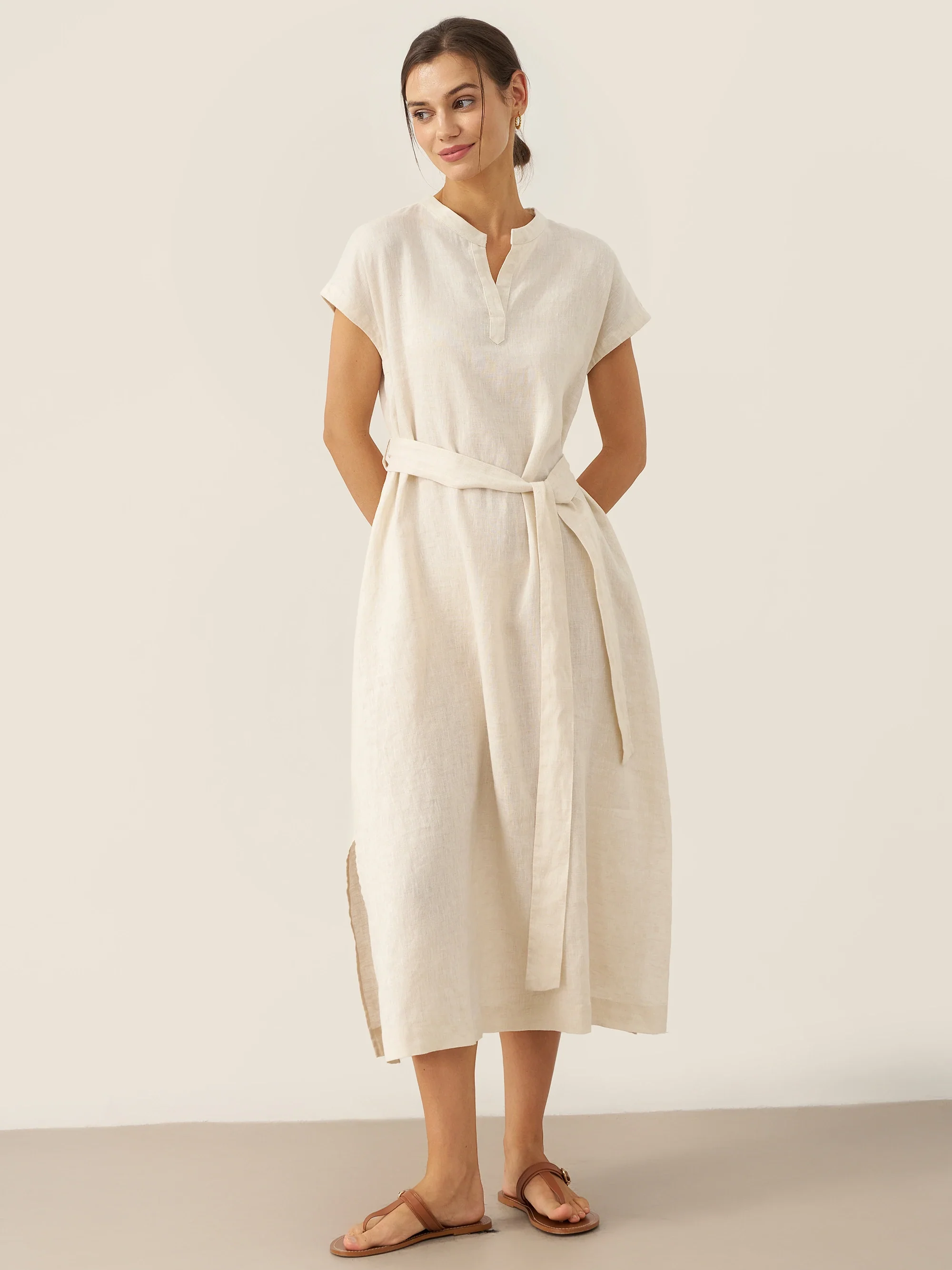100% Linen Mandarin Collar Maxi Dress with Detachable Belt MARGARET