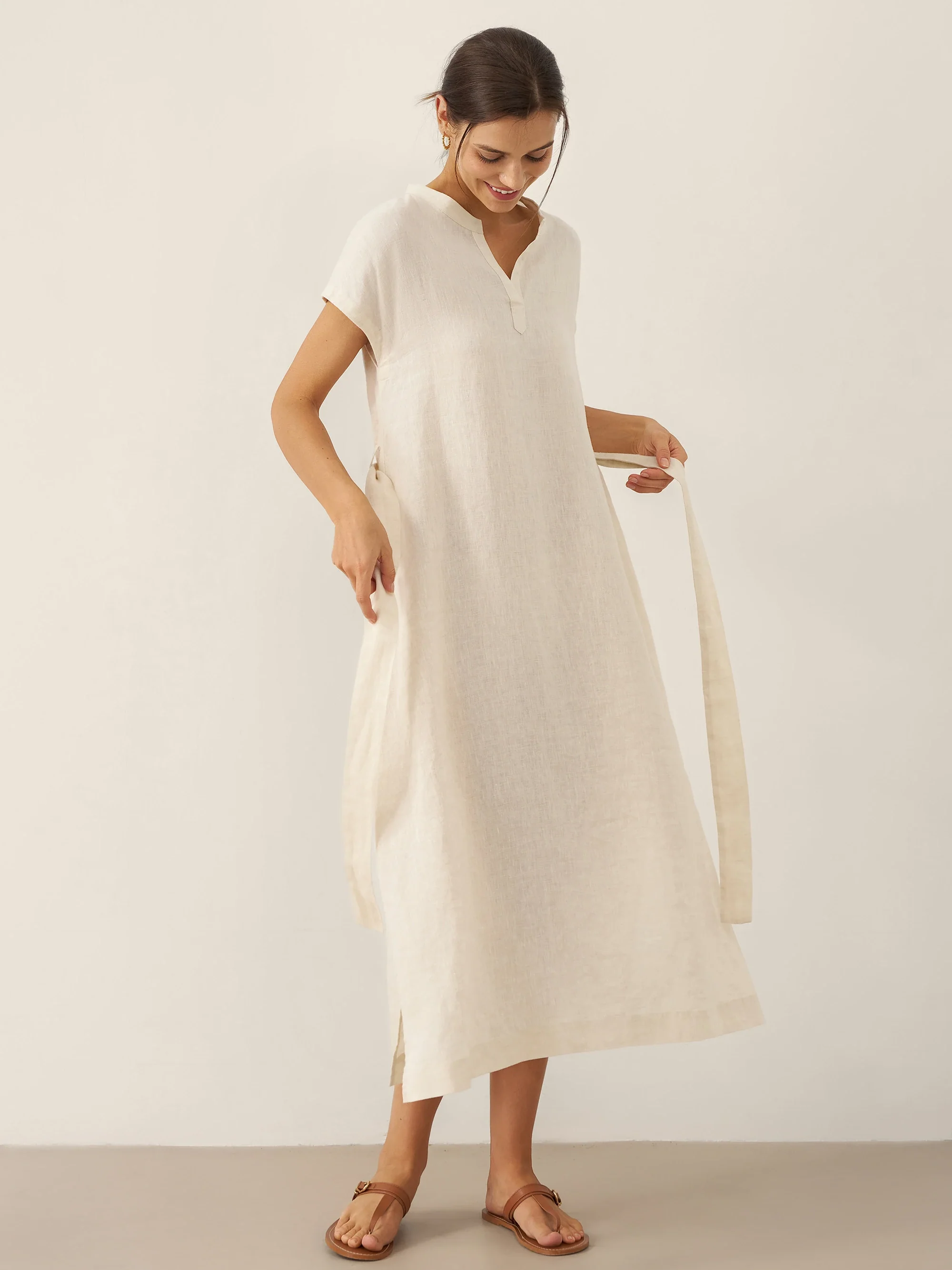 100% Linen Mandarin Collar Maxi Dress with Detachable Belt MARGARET - Image 2