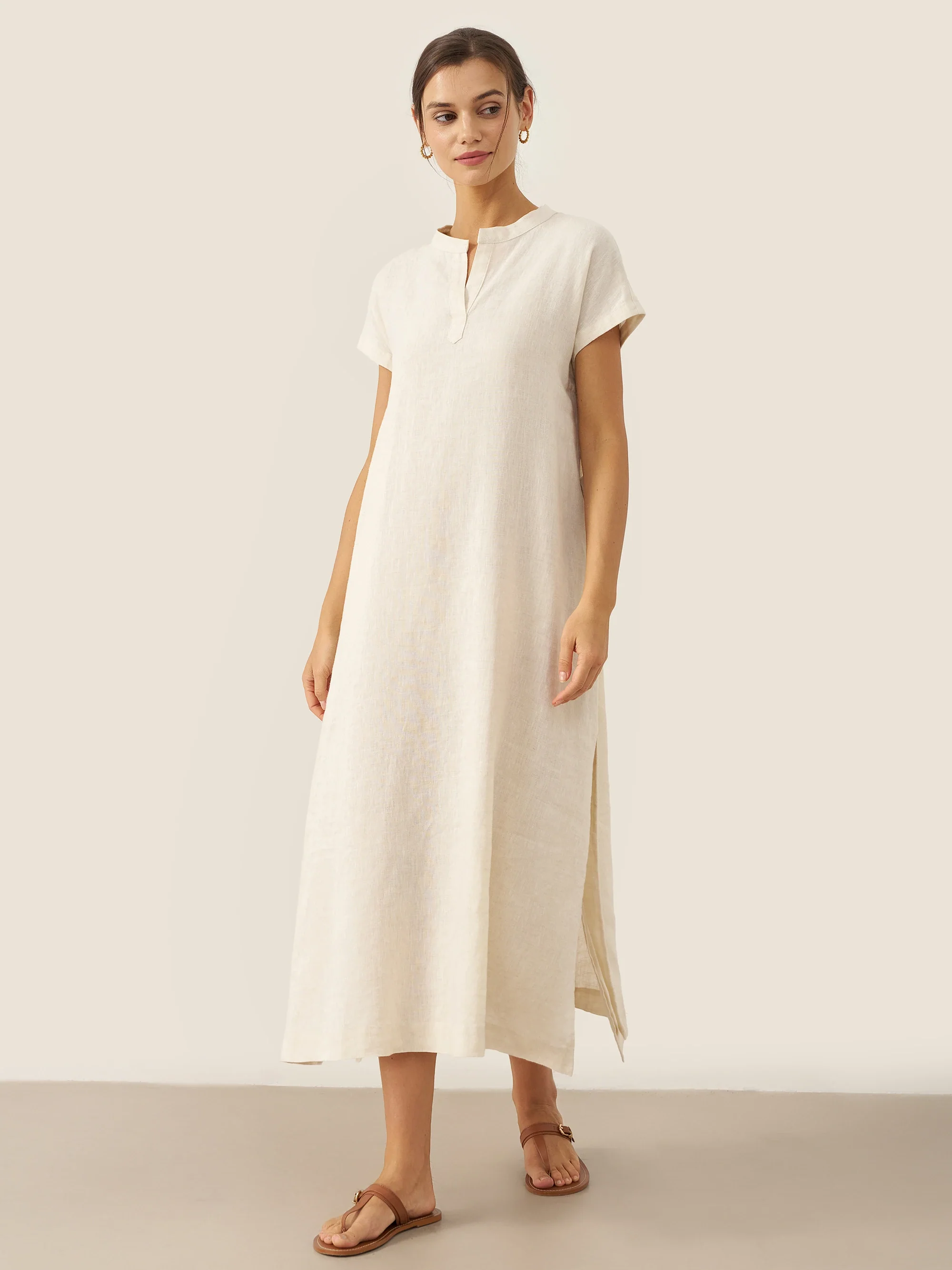 100% Linen Mandarin Collar Maxi Dress with Detachable Belt MARGARET - Image 5