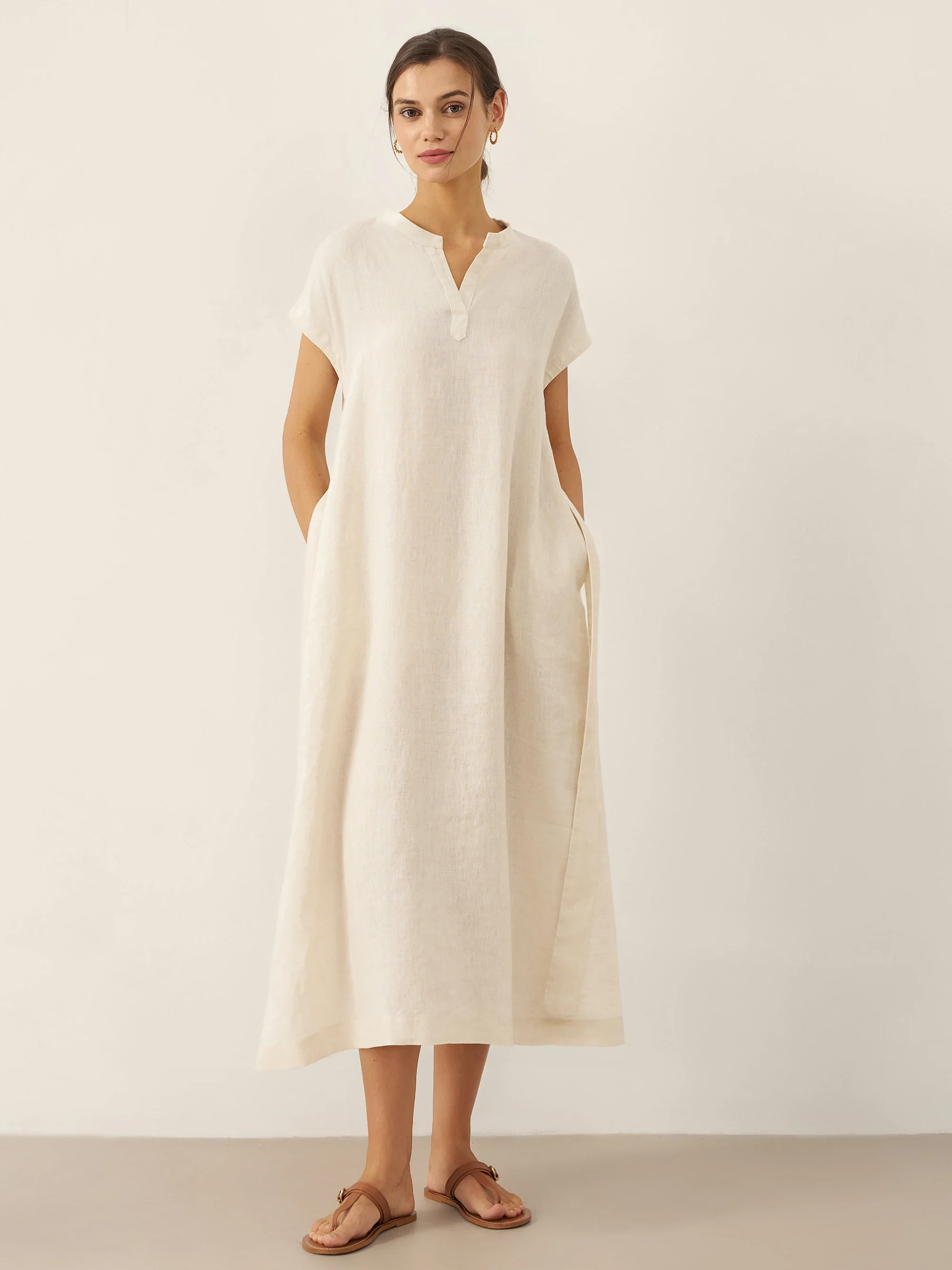 100% Linen Mandarin Collar Maxi Dress with Detachable Belt MARGARET - Image 6