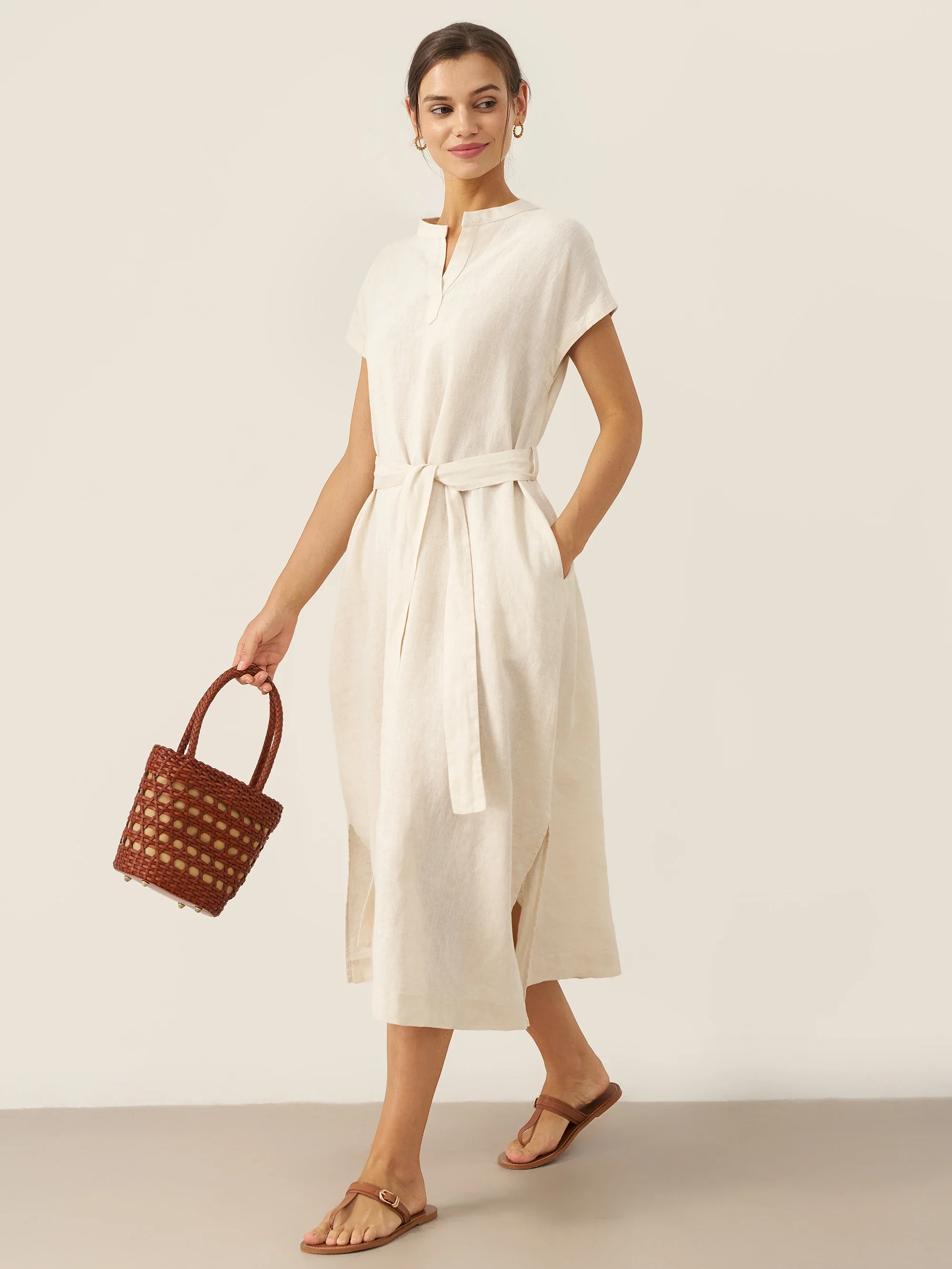 100% Linen Mandarin Collar Maxi Dress with Detachable Belt MARGARET - Image 7