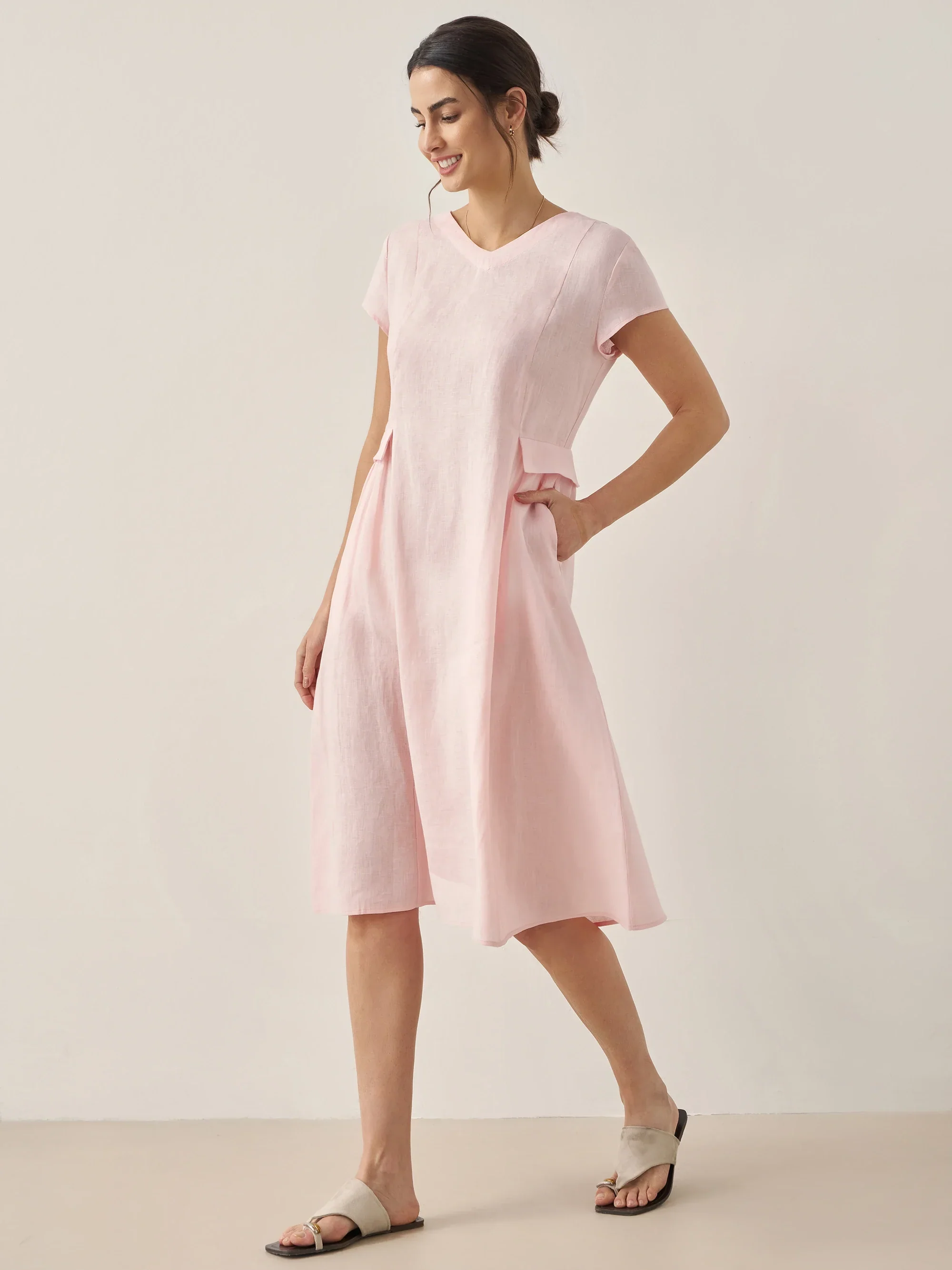 100% Linen Natural Summer V-Neck Dress ALEXA - Image 23