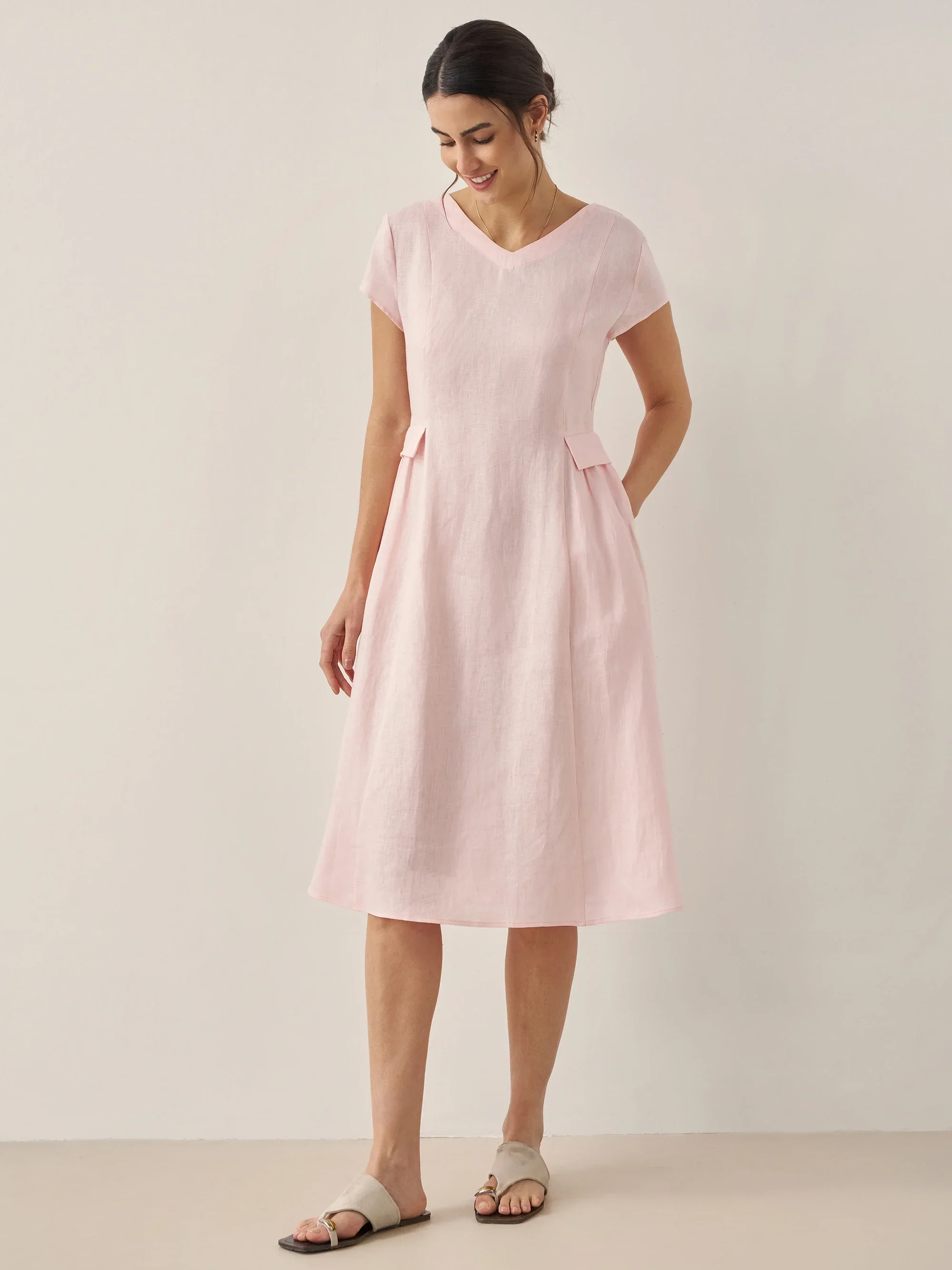 100% Linen Natural Summer V-Neck Dress ALEXA - Image 27