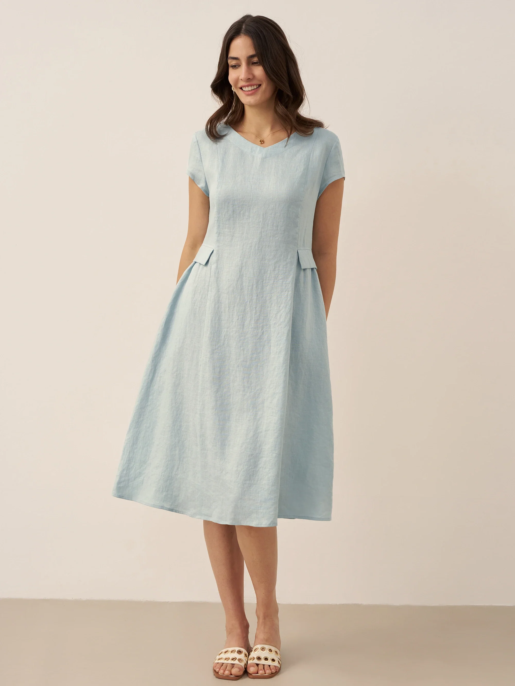 100% Linen Natural Summer V-Neck Dress ALEXA - Image 31