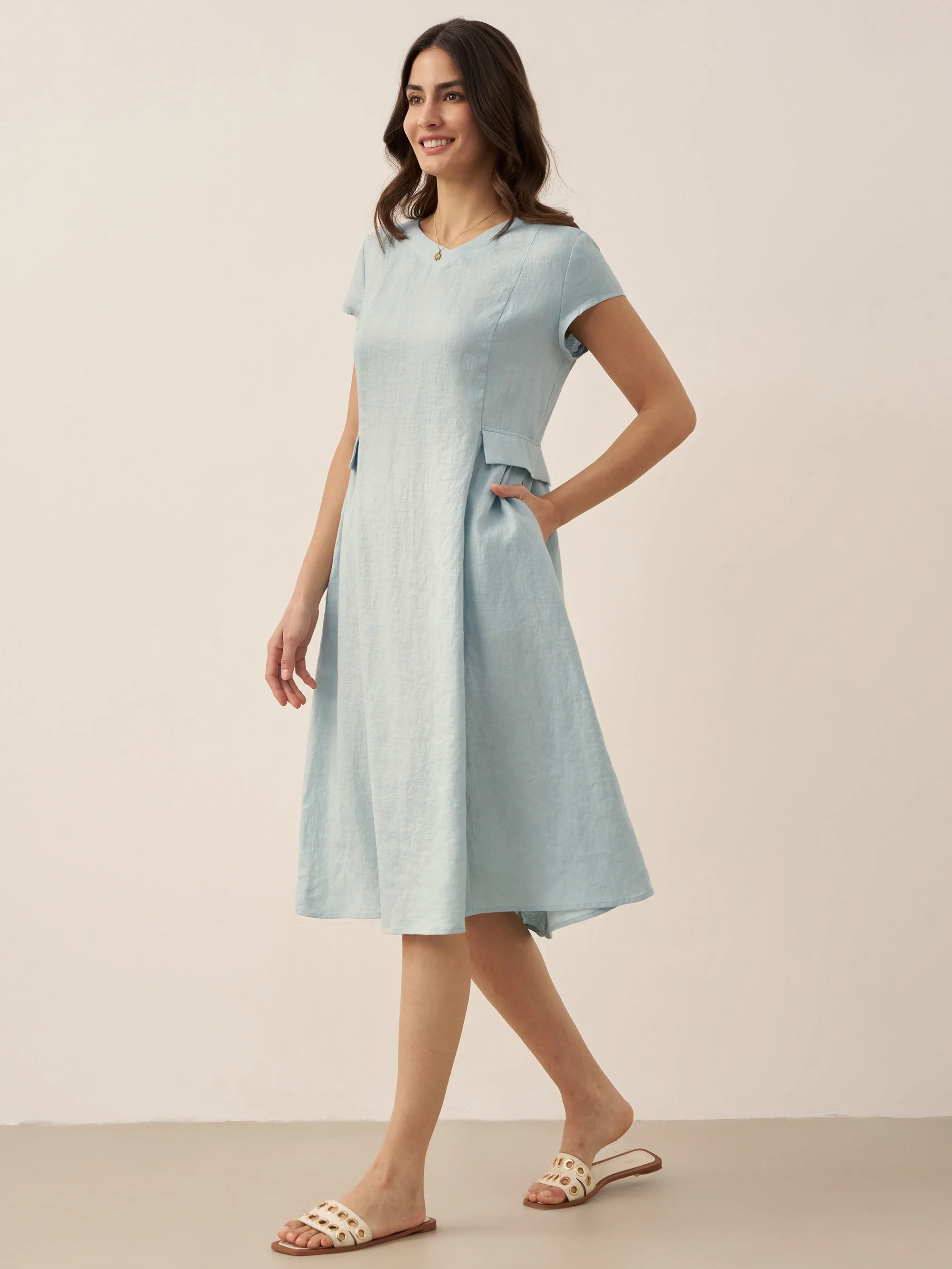 100% Linen Natural Summer V-Neck Dress ALEXA - Image 34
