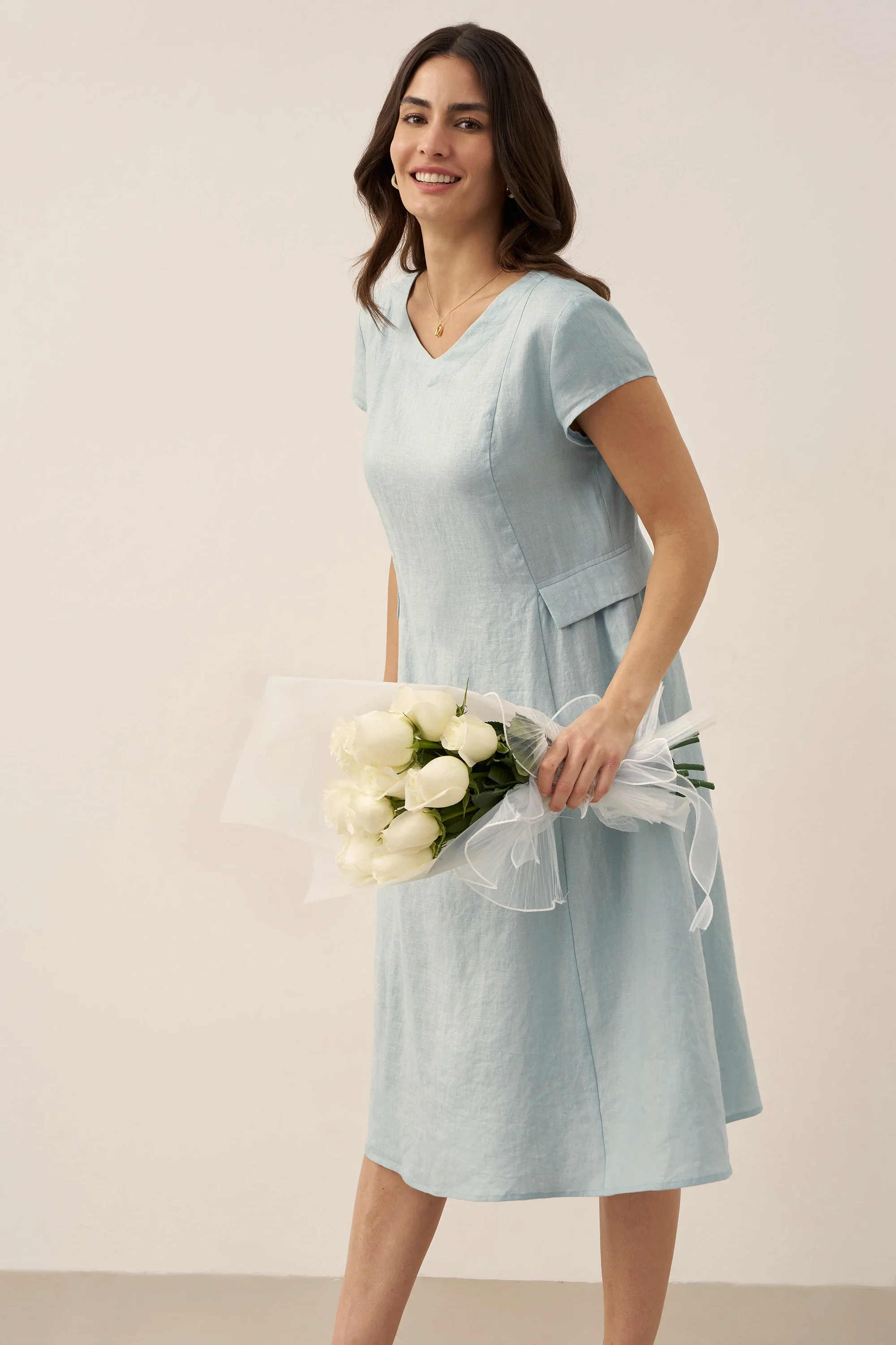 100% Linen Natural Summer V-Neck Dress ALEXA - Image 40