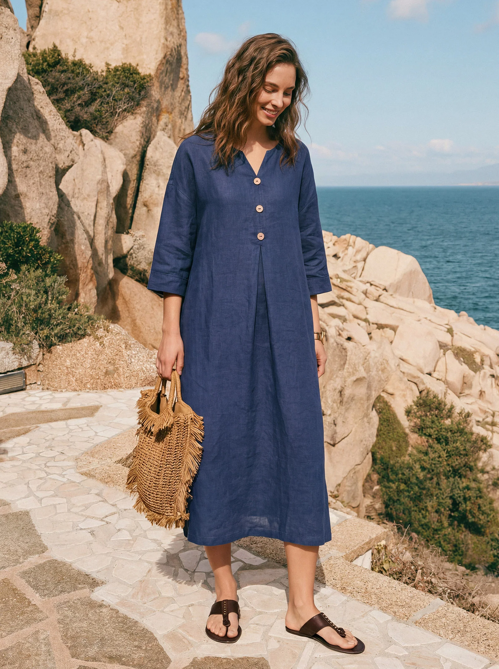 100% Linen Notch Neck Inverted Pleat Maxi Dress MATILDE - Image 2