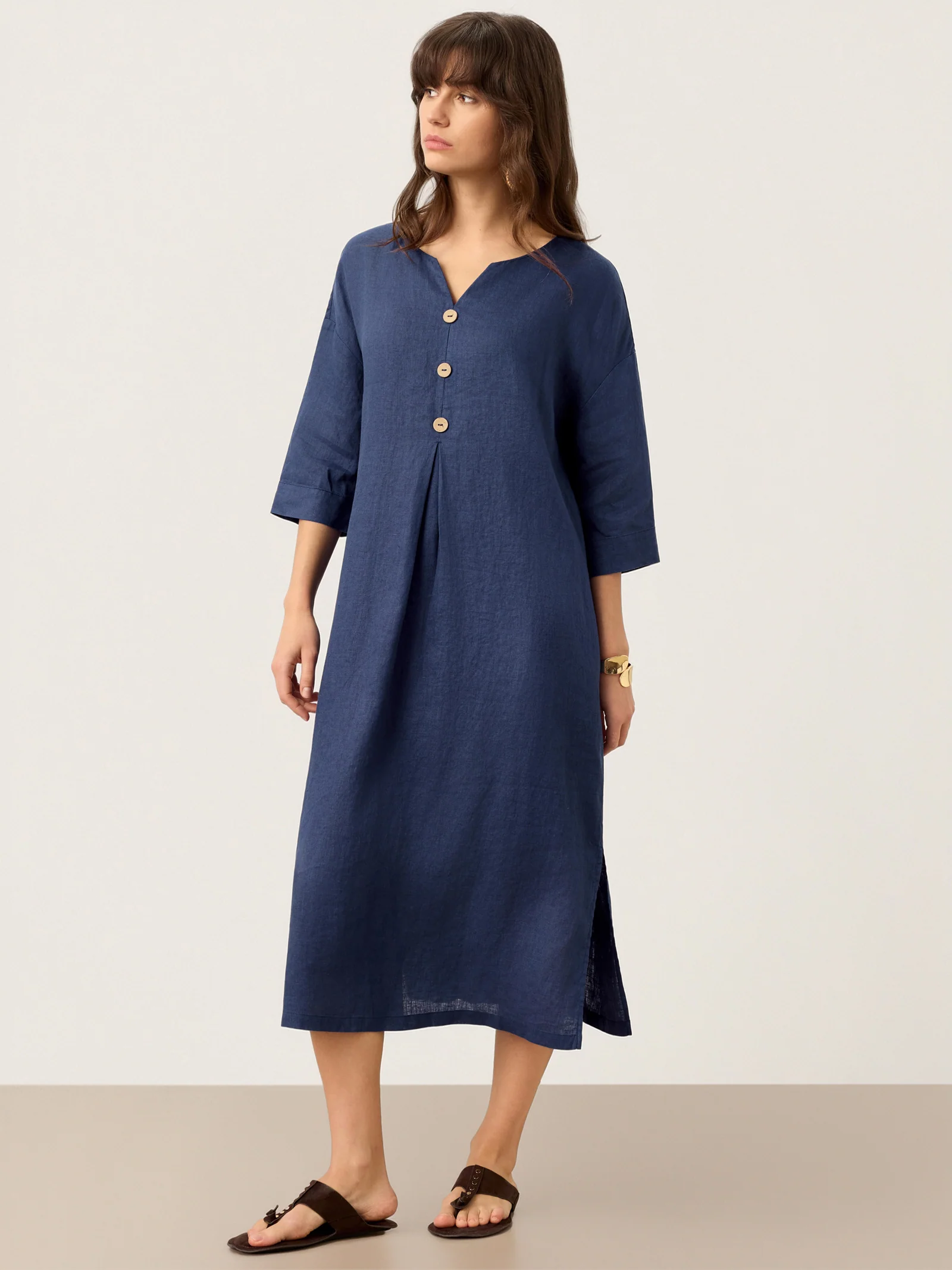 100% Linen Notch Neck Inverted Pleat Maxi Dress MATILDE - Image 5