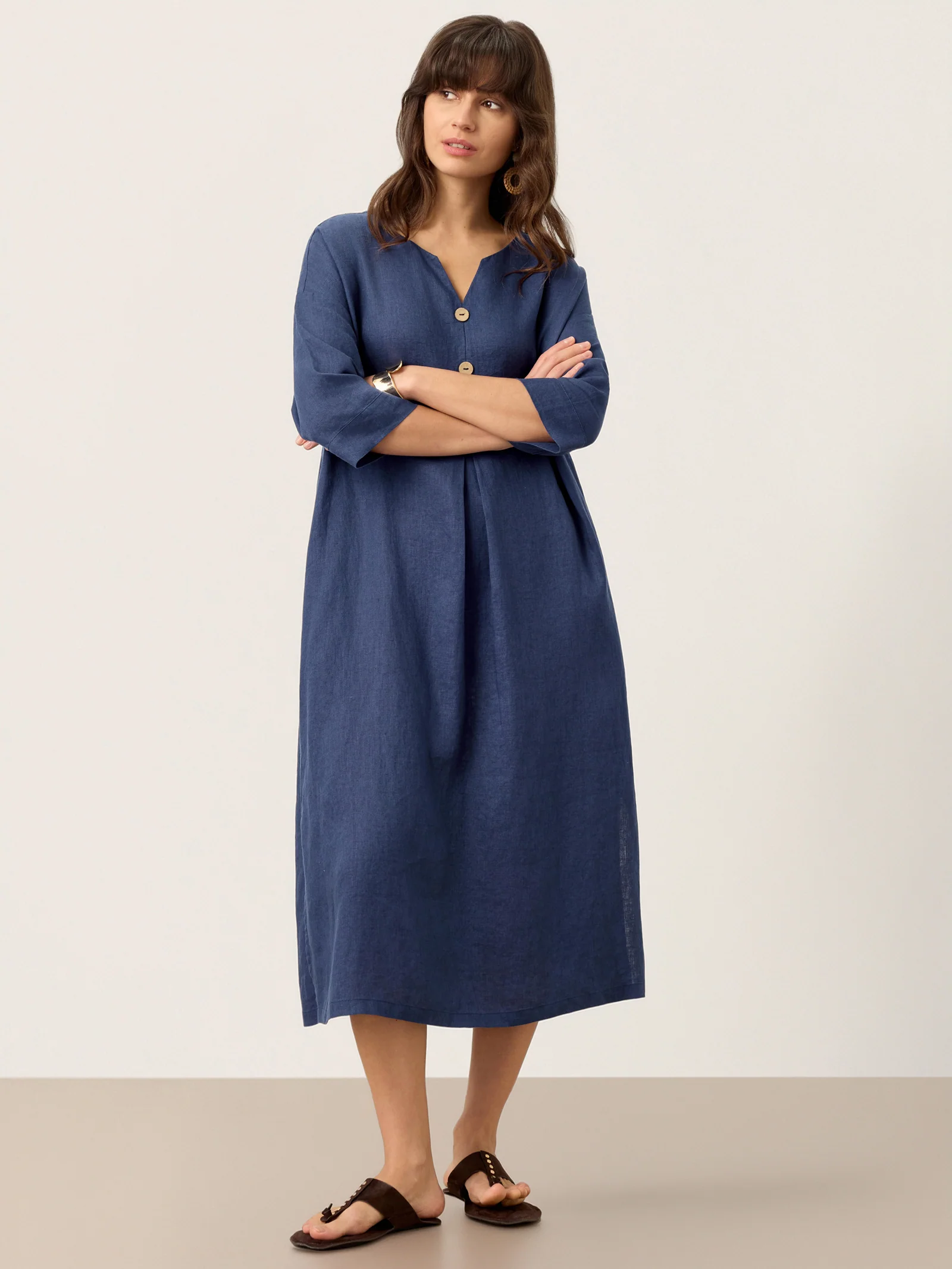 100% Linen Notch Neck Inverted Pleat Maxi Dress MATILDE - Image 6