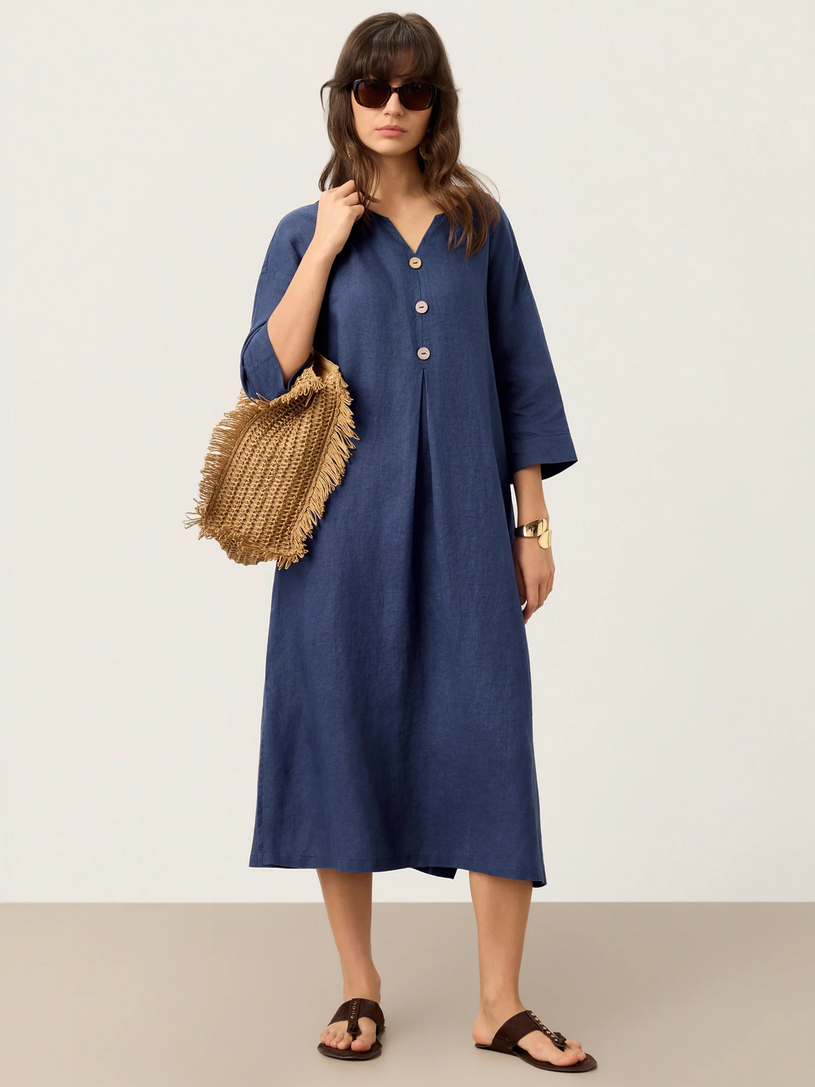 100% Linen Notch Neck Inverted Pleat Maxi Dress MATILDE - Image 7