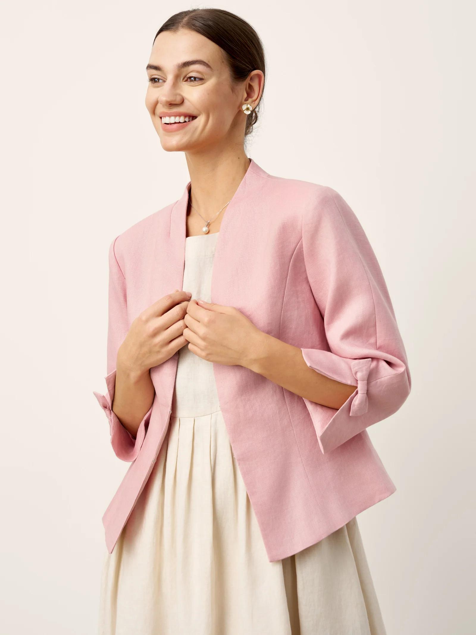 100% Linen Bow Cuff Stand Collar Jacket FINOLA - Image 3