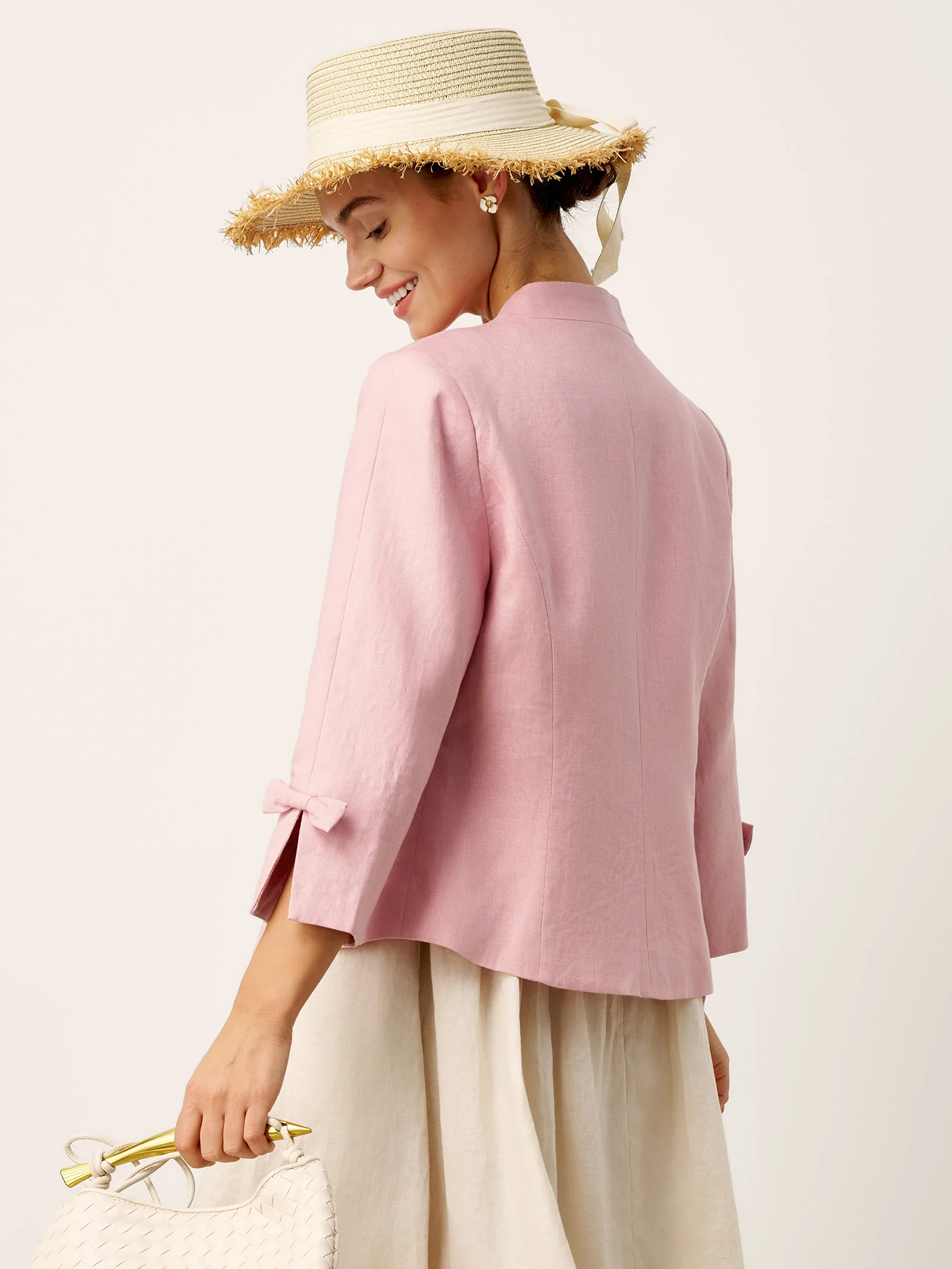 100% Linen Bow Cuff Stand Collar Jacket FINOLA - Image 4