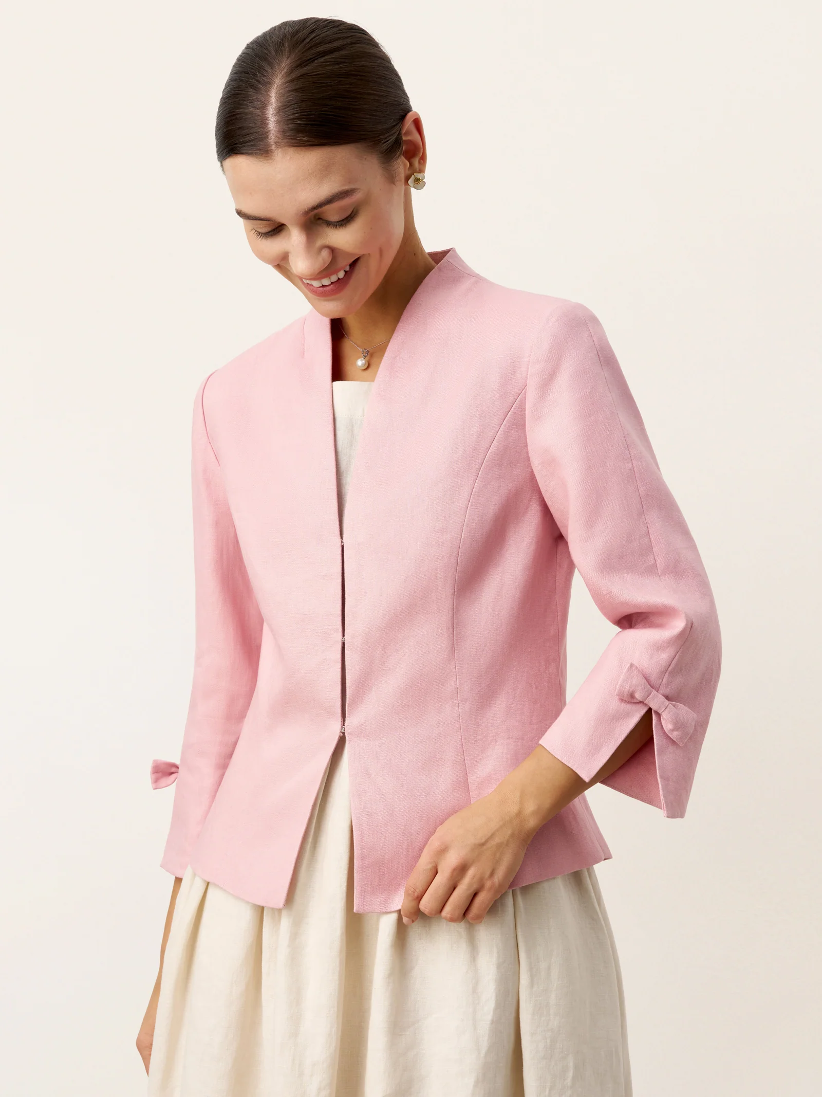 100% Linen Bow Cuff Stand Collar Jacket FINOLA - Image 5
