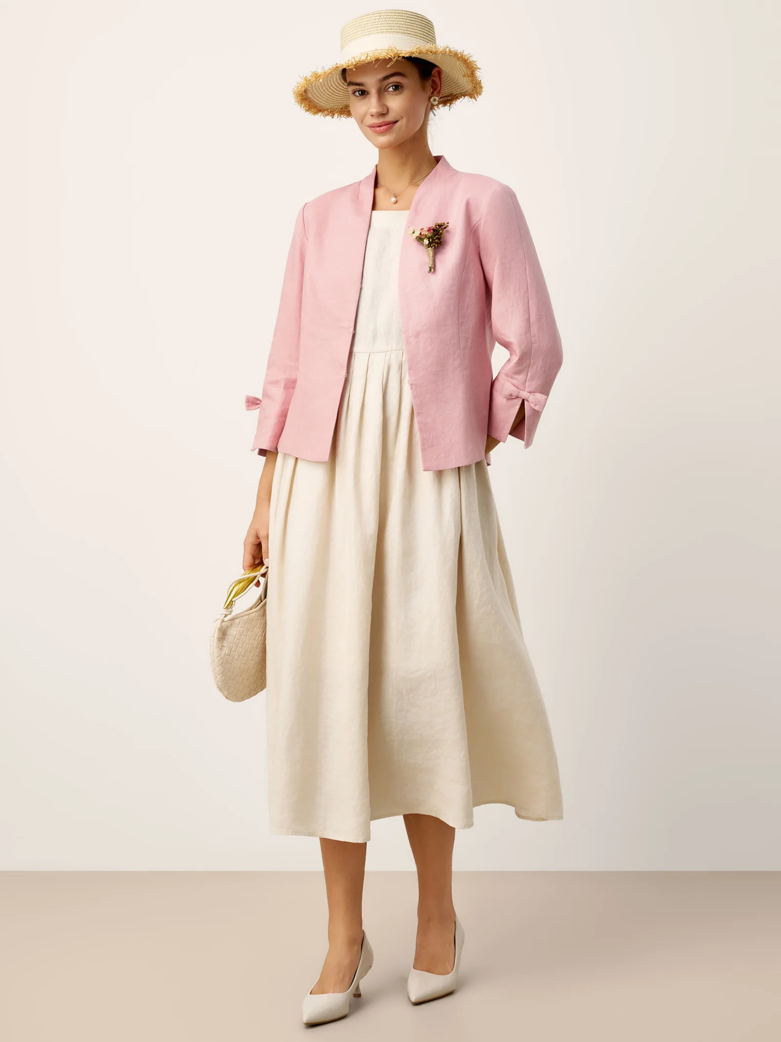 100% Linen Bow Cuff Stand Collar Jacket FINOLA - Image 9