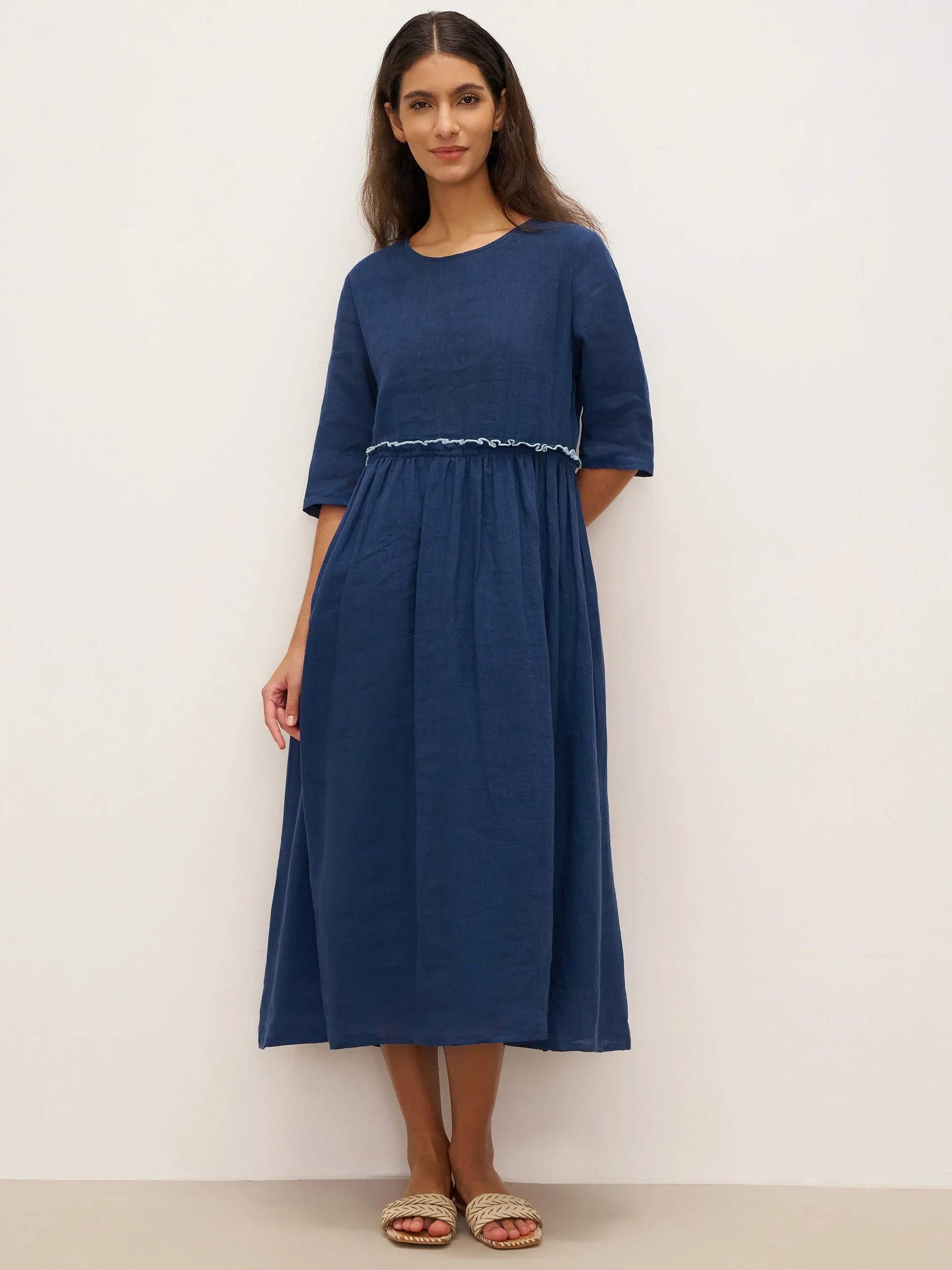100% Linen Petal-Waist Drawstring Midi Dress JASMINE