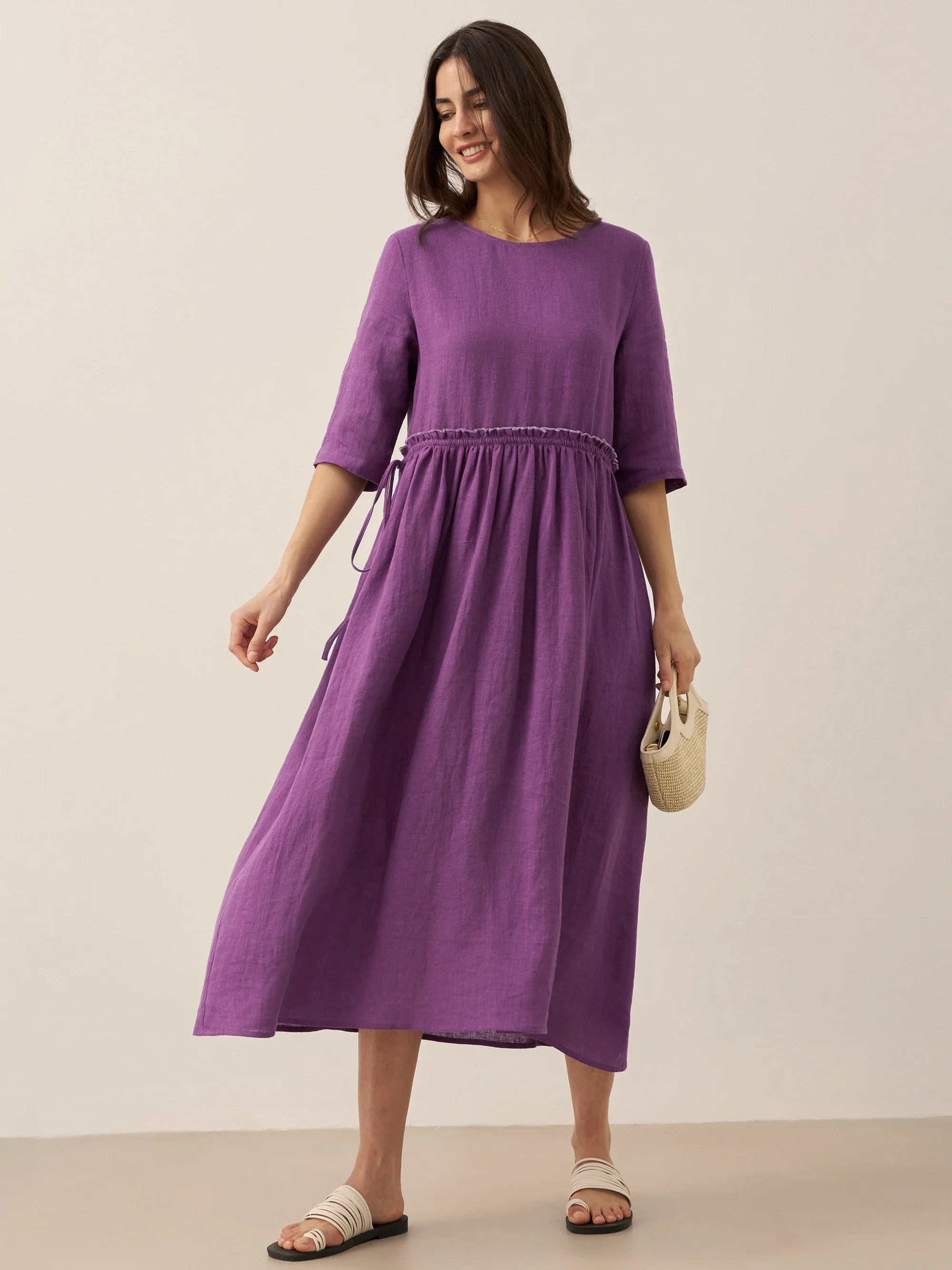 100% Linen Petal-Waist Drawstring Midi Dress JASMINE - Image 10