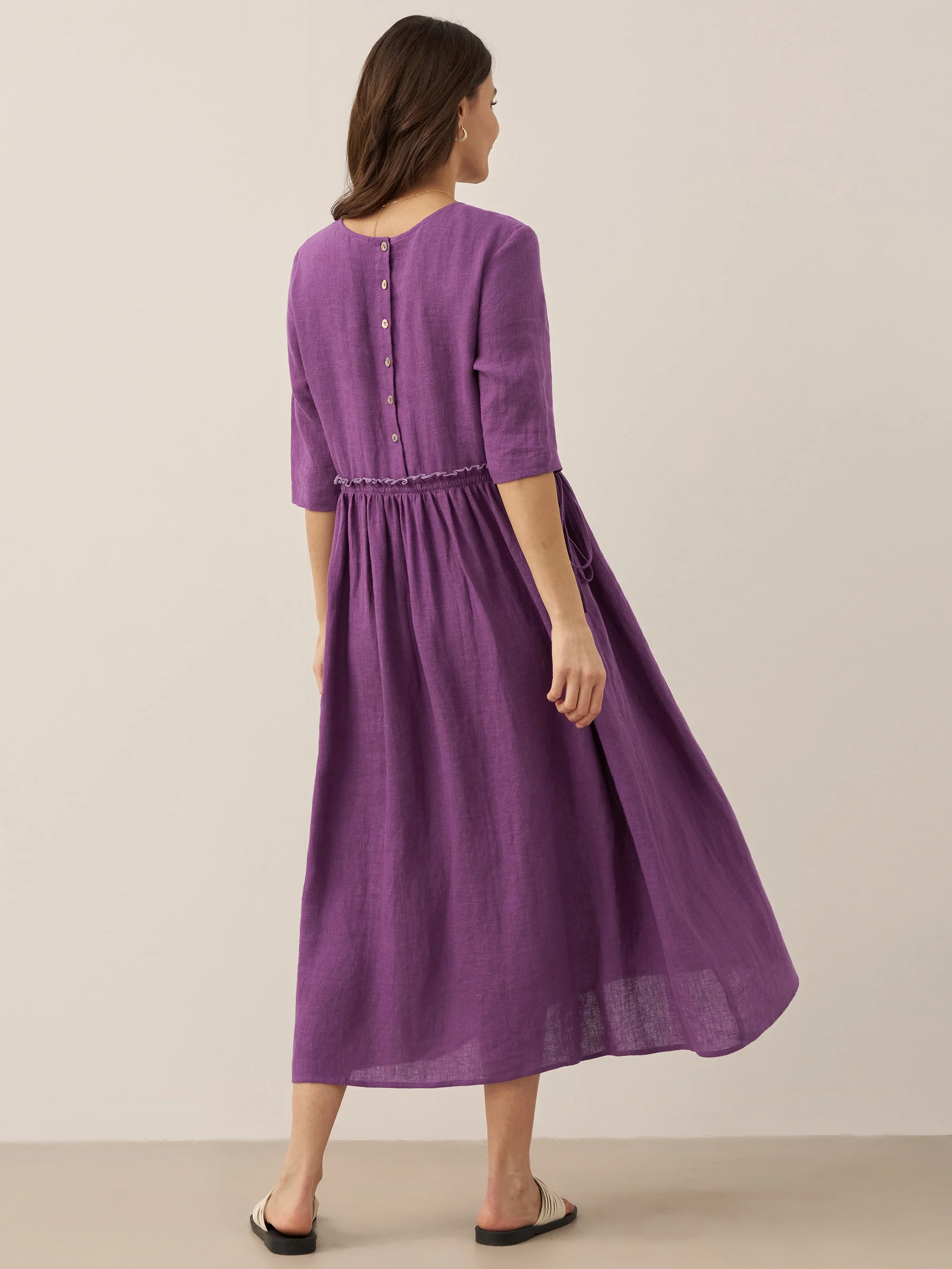 100% Linen Petal-Waist Drawstring Midi Dress JASMINE - Image 11