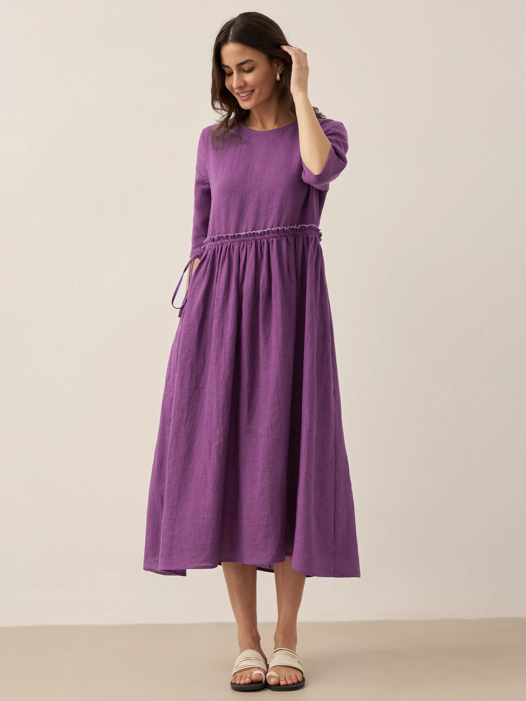 100% Linen Petal-Waist Drawstring Midi Dress JASMINE - Image 12