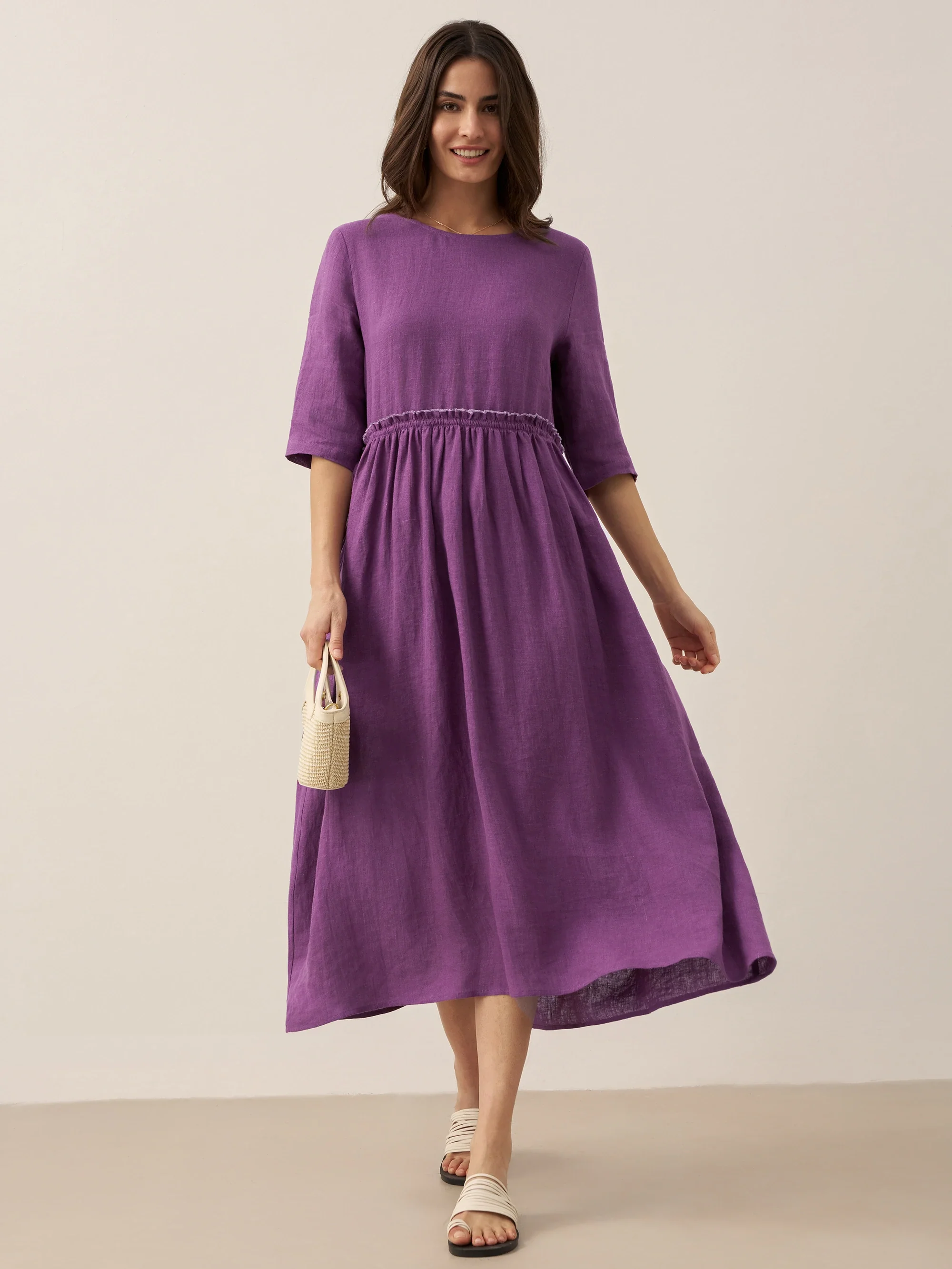 100% Linen Petal-Waist Drawstring Midi Dress JASMINE - Image 13