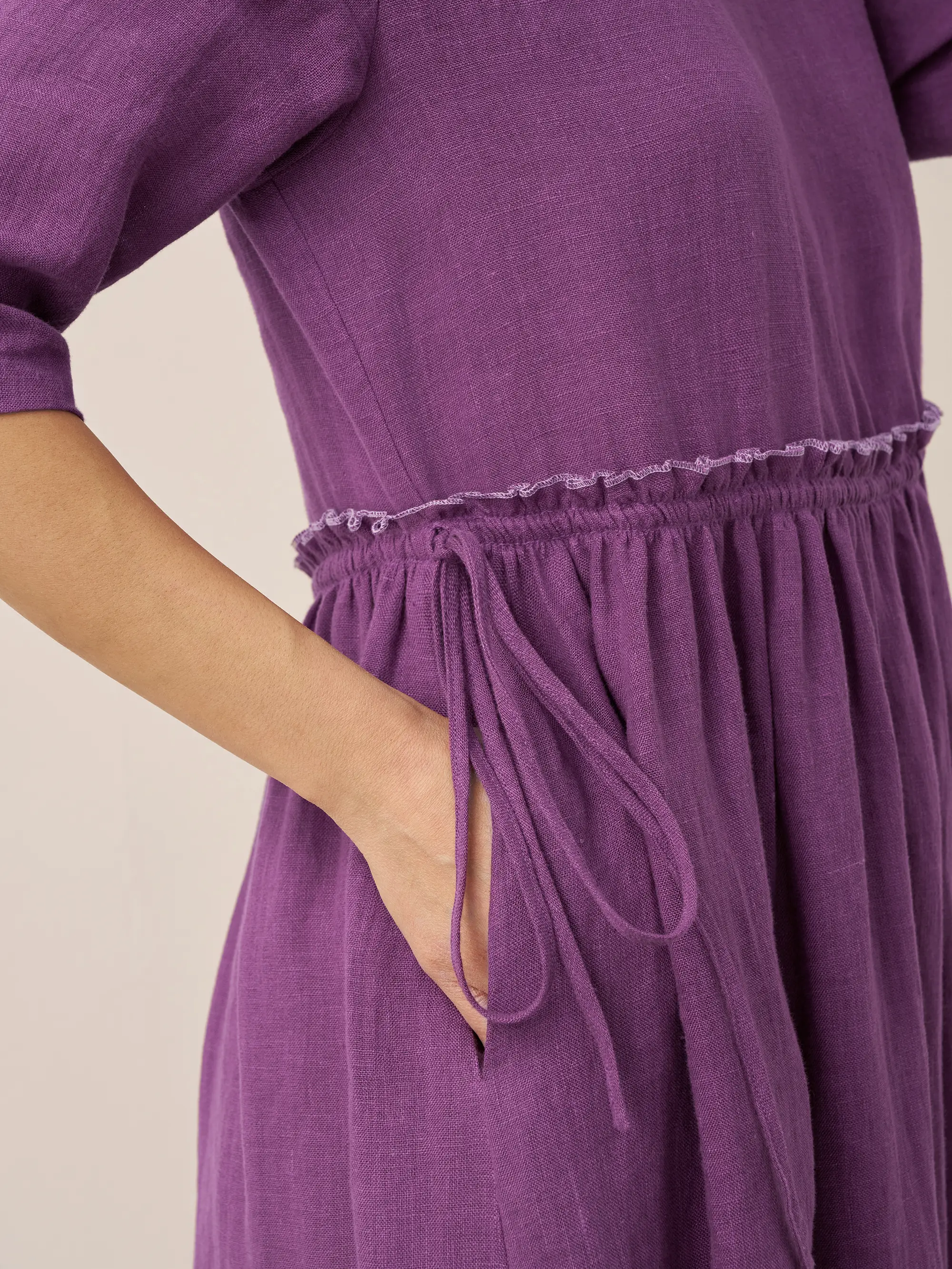 100% Linen Petal-Waist Drawstring Midi Dress JASMINE - Image 16