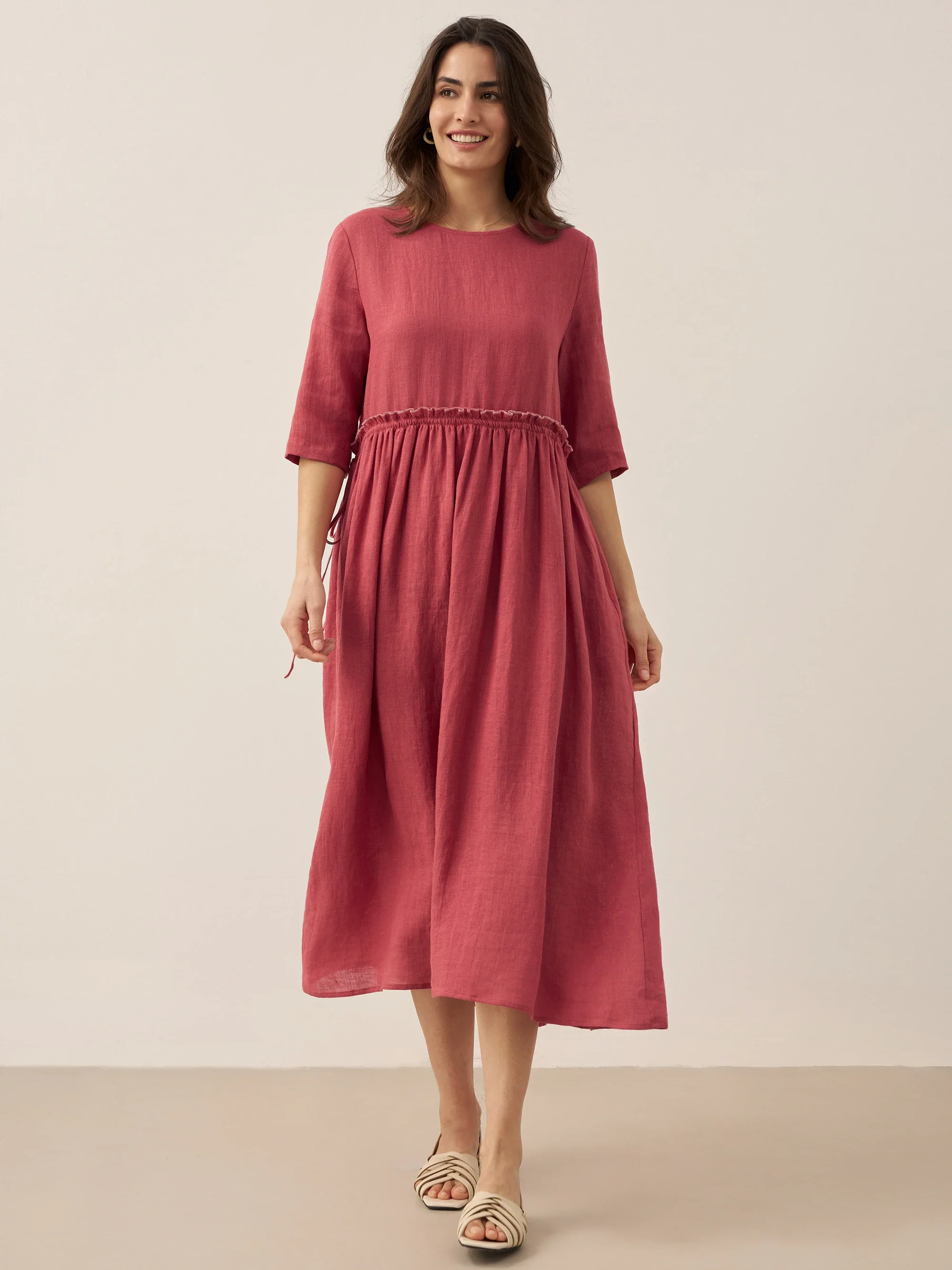 100% Linen Petal-Waist Drawstring Midi Dress JASMINE - Image 17