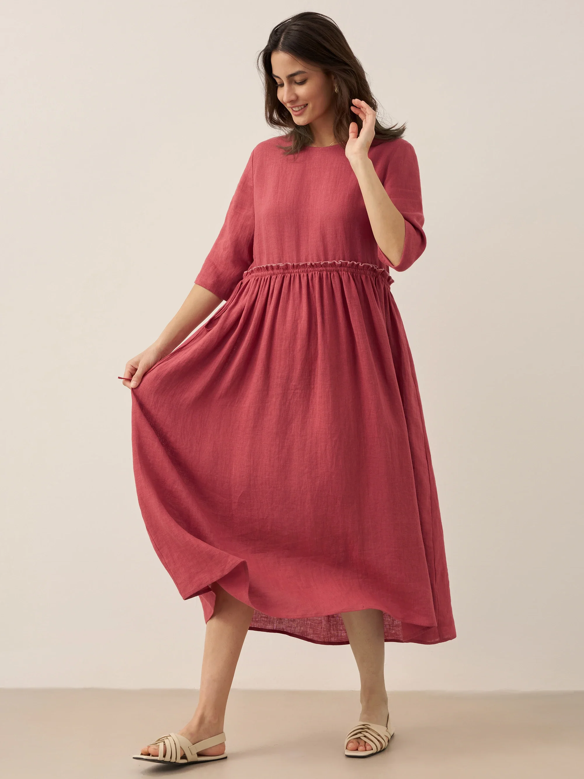 100% Linen Petal-Waist Drawstring Midi Dress JASMINE - Image 18