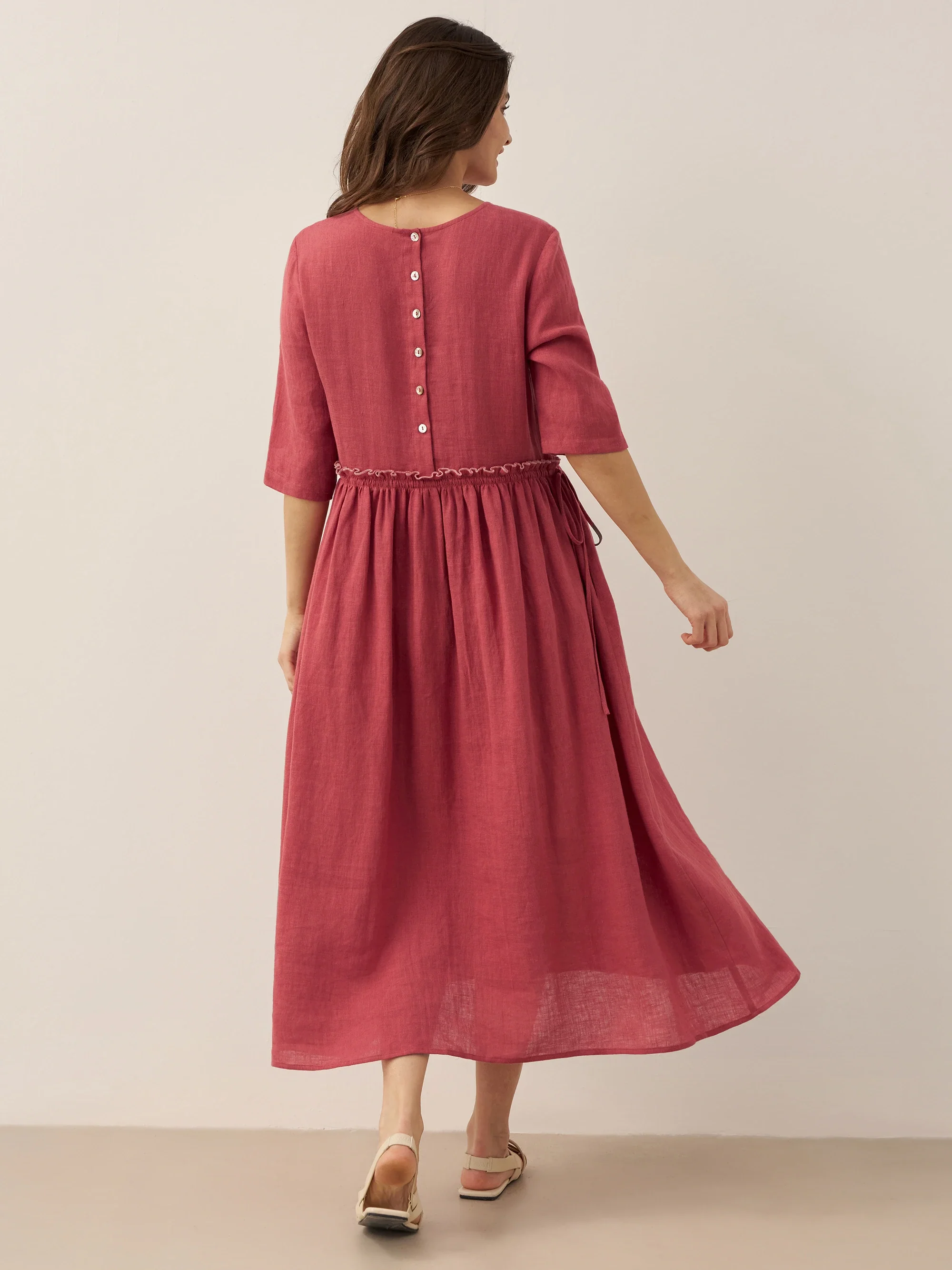 100% Linen Petal-Waist Drawstring Midi Dress JASMINE - Image 19