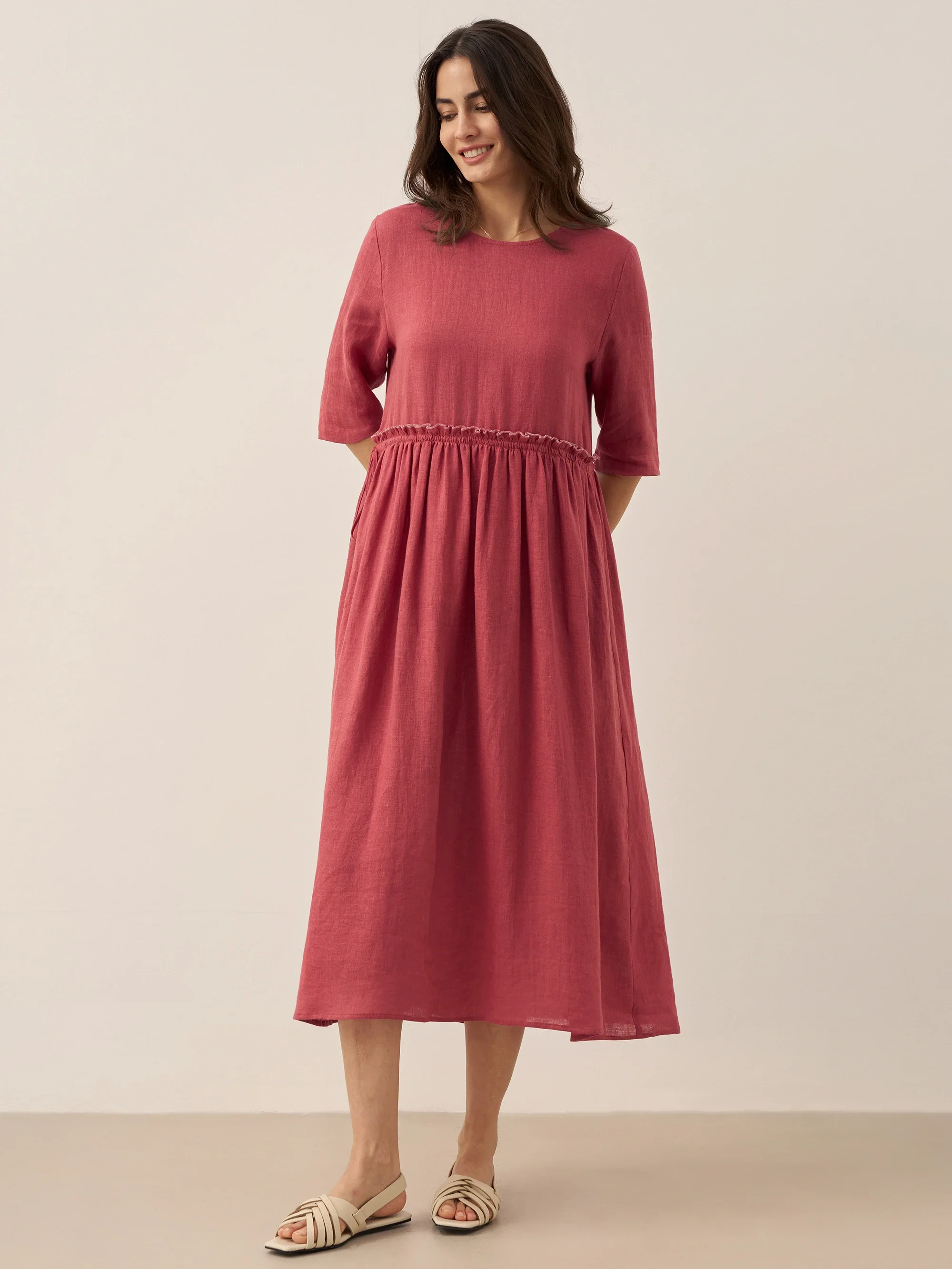 100% Linen Petal-Waist Drawstring Midi Dress JASMINE - Image 20