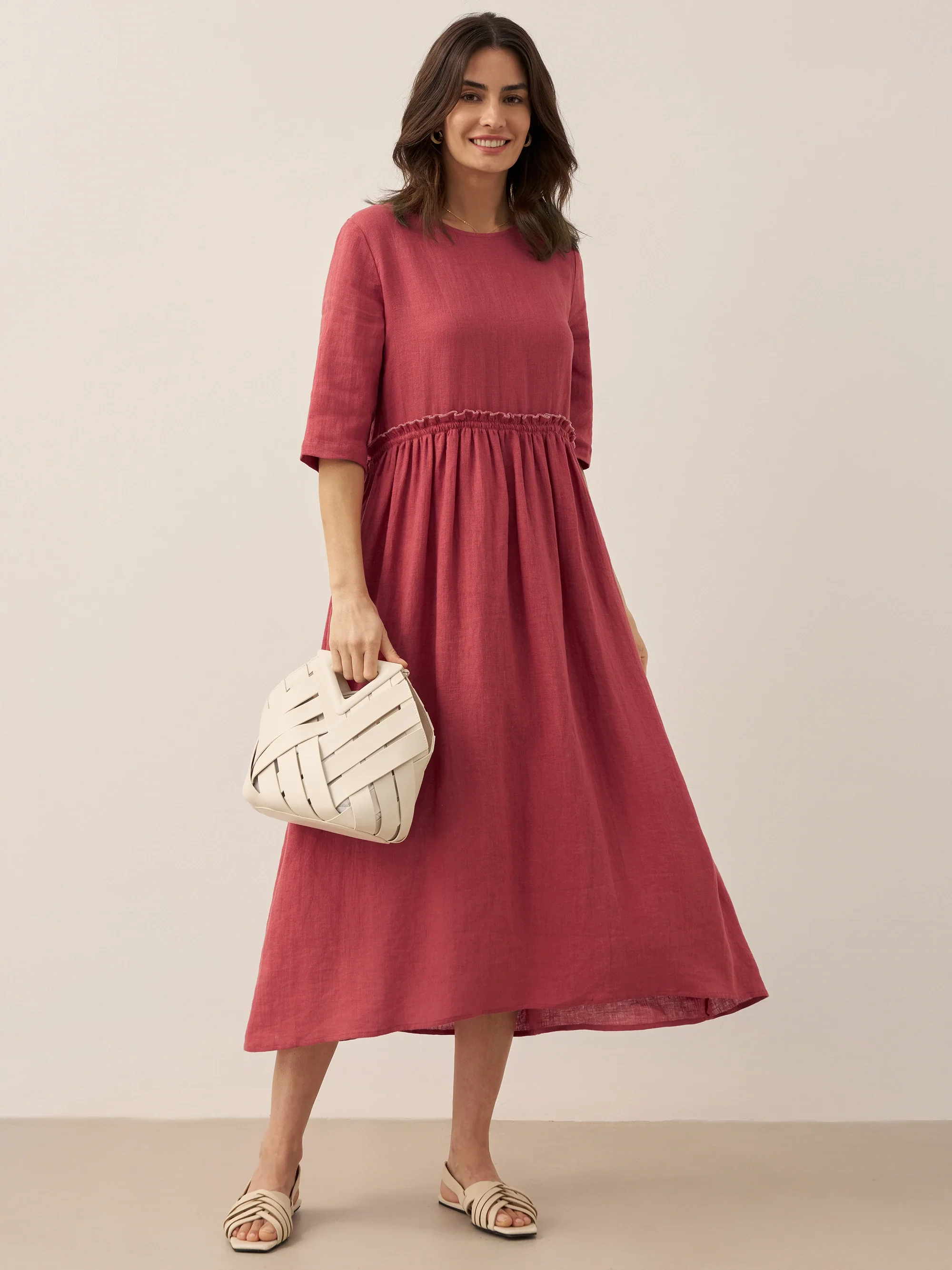 100% Linen Petal-Waist Drawstring Midi Dress JASMINE - Image 21