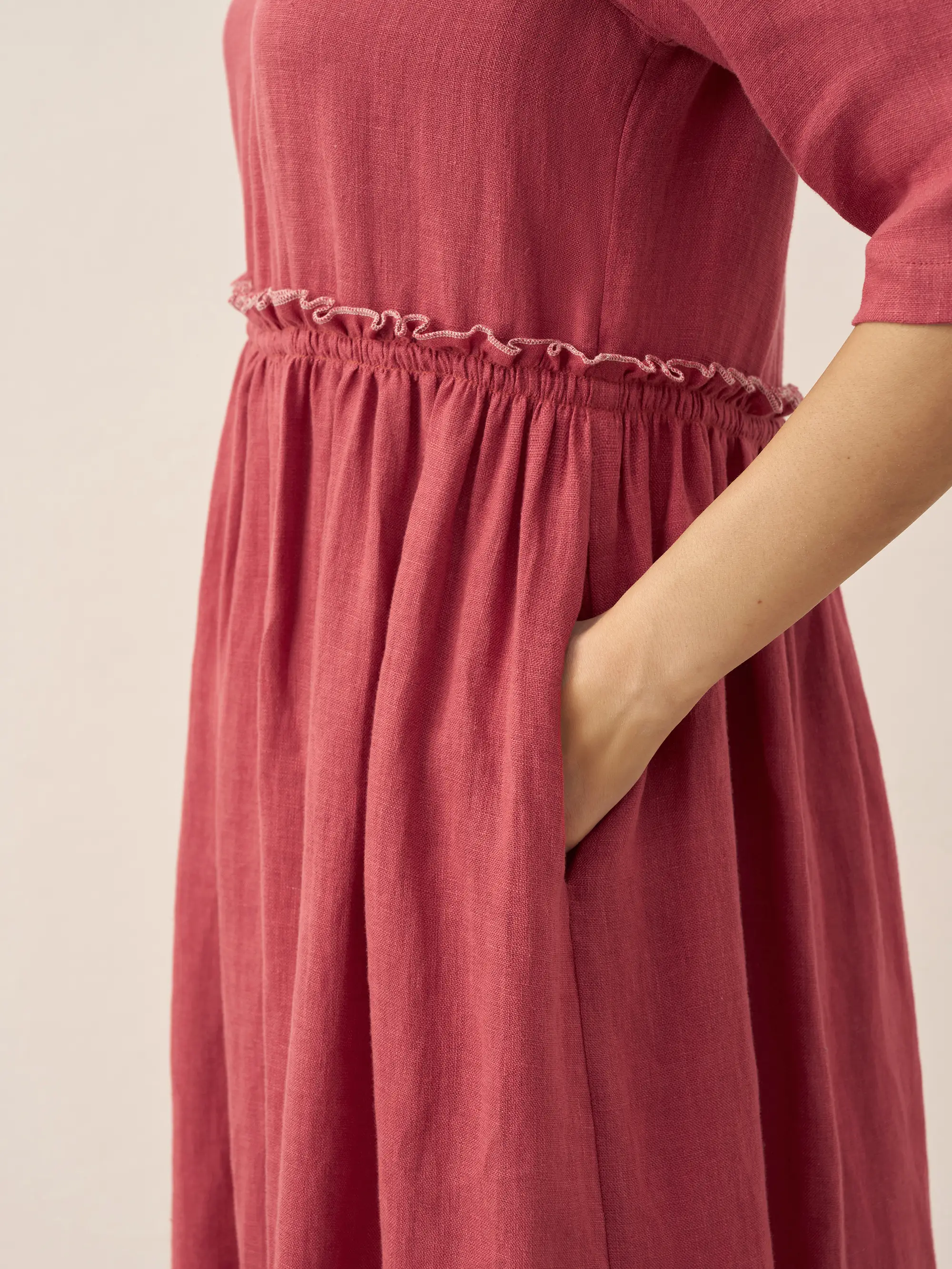 100% Linen Petal-Waist Drawstring Midi Dress JASMINE - Image 22