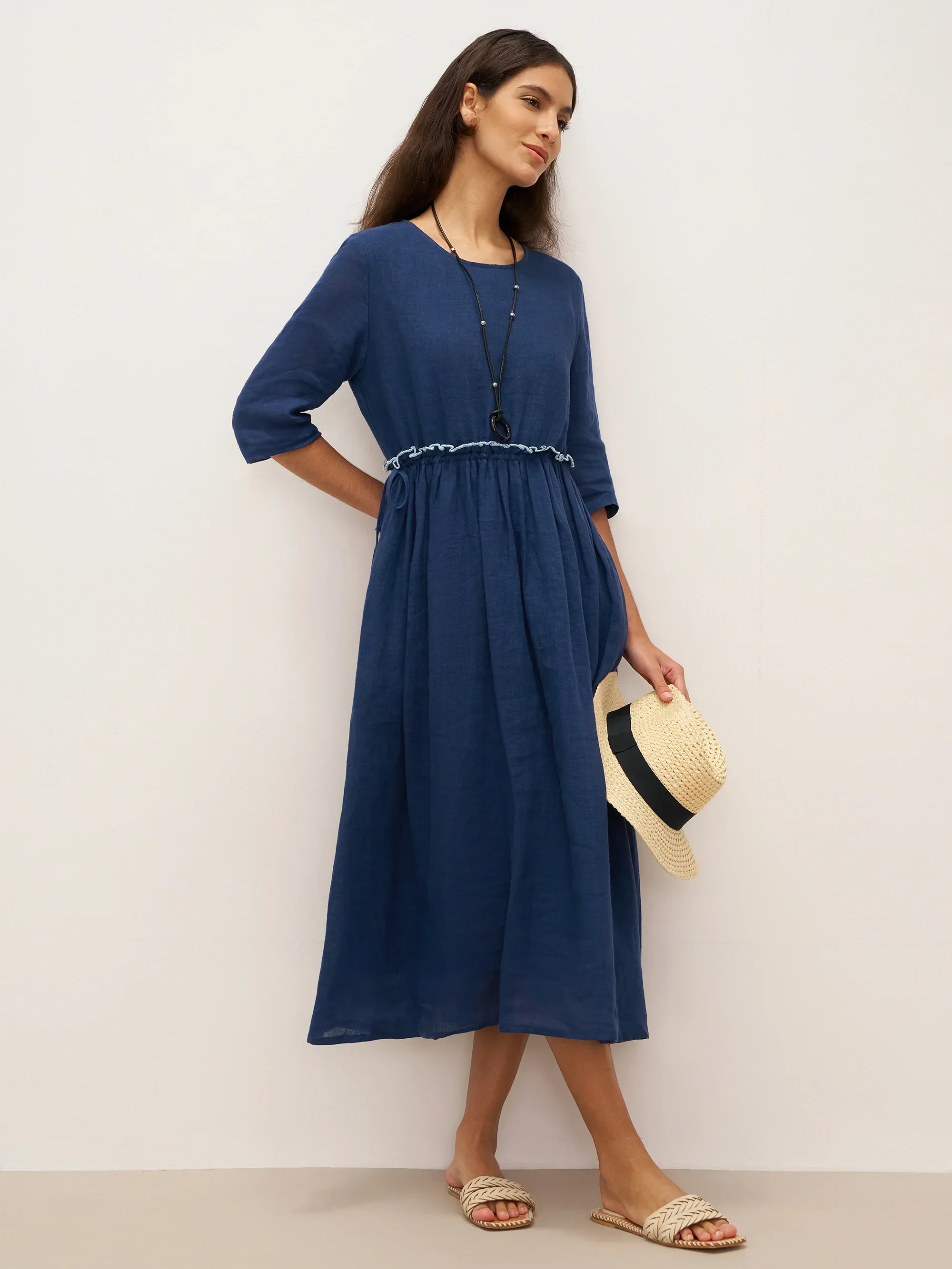 100% Linen Petal-Waist Drawstring Midi Dress JASMINE - Image 4