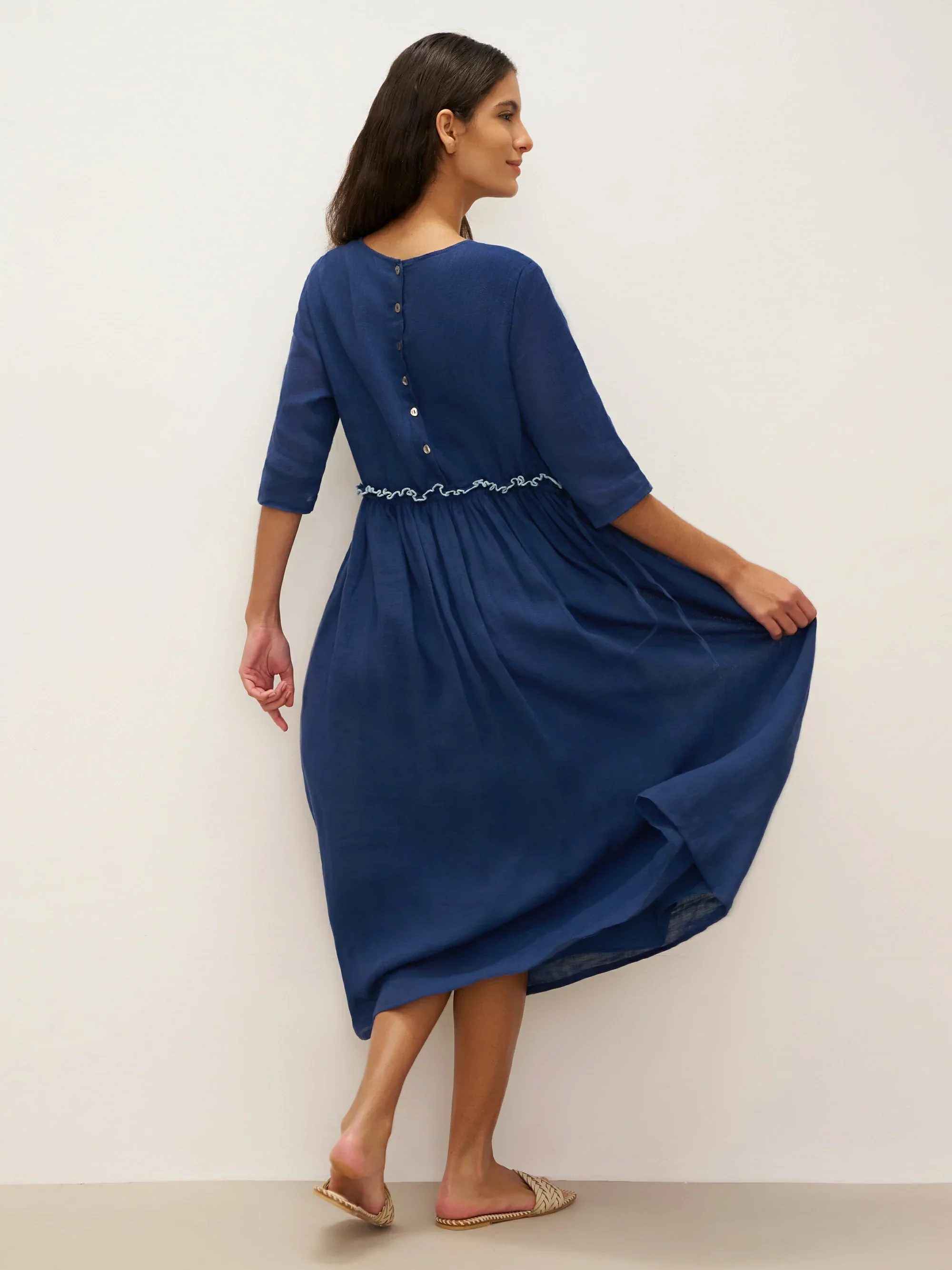 100% Linen Petal-Waist Drawstring Midi Dress JASMINE - Image 5