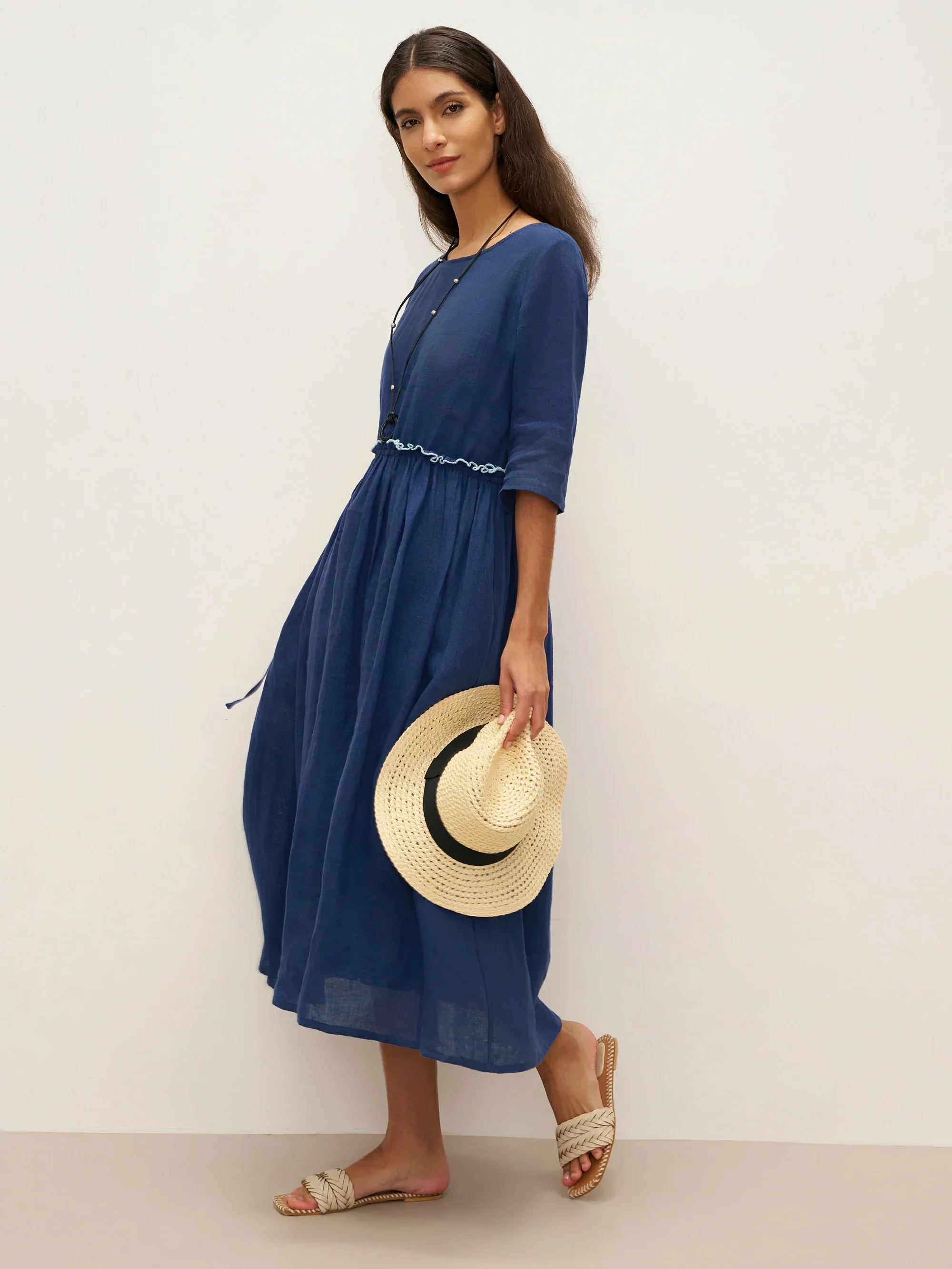 100% Linen Petal-Waist Drawstring Midi Dress JASMINE - Image 6