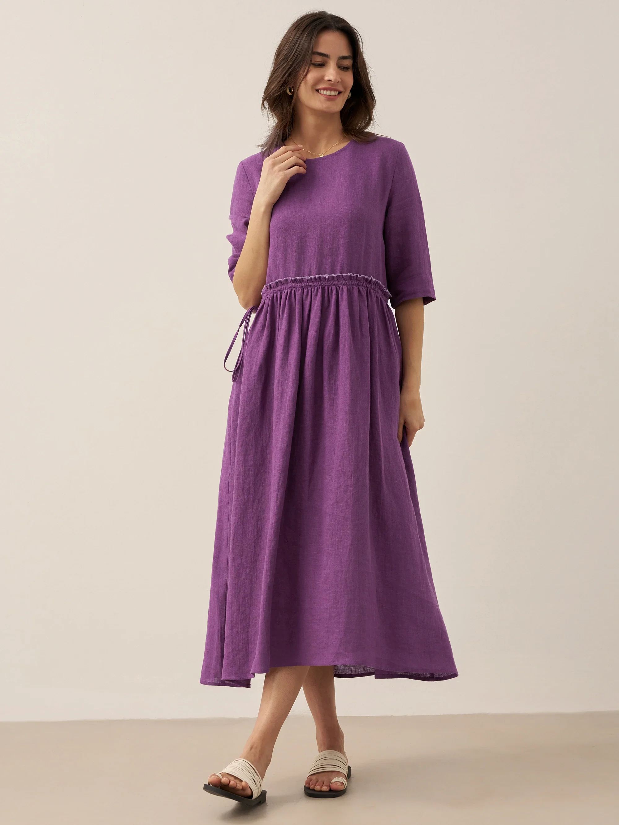100% Linen Petal-Waist Drawstring Midi Dress JASMINE - Image 9