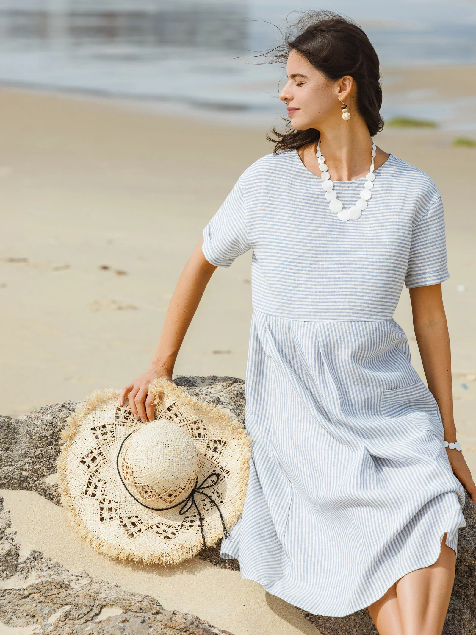 100% Linen Pinstripe Paneled Short-Sleeved Dress MORGAN - Image 3