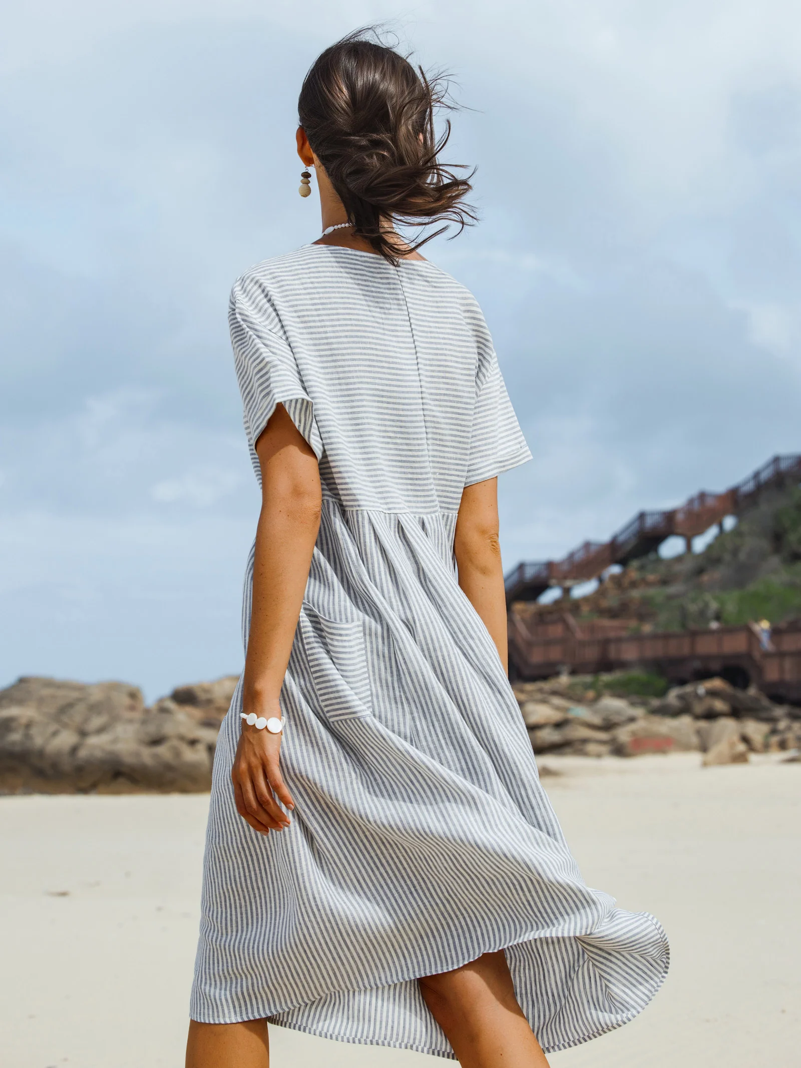 100% Linen Pinstripe Paneled Short-Sleeved Dress MORGAN - Image 4