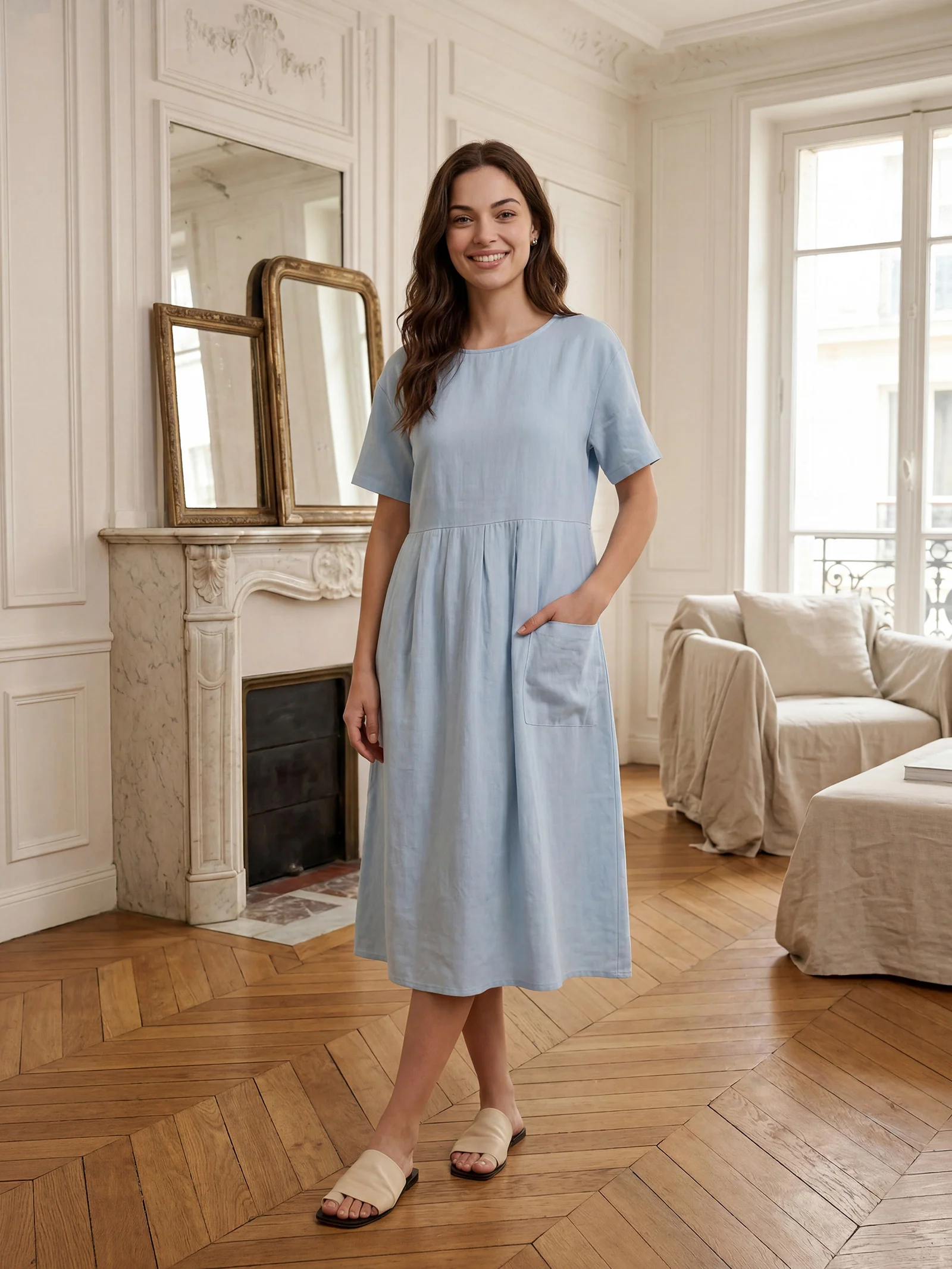 100% Linen Pinstripe Paneled Short-Sleeved Dress MORGAN - Image 12