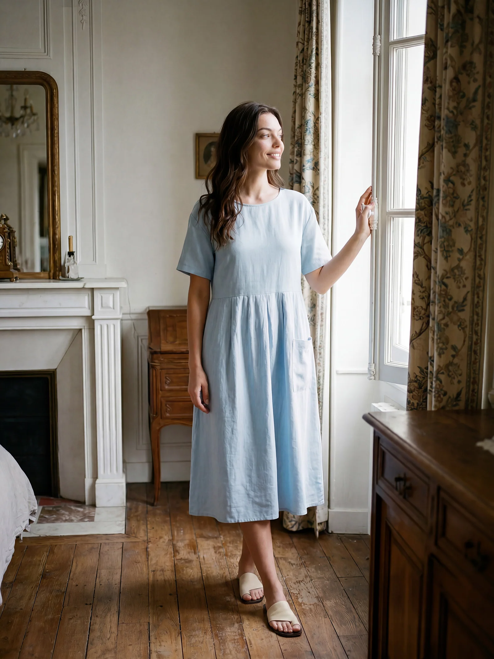 100% Linen Pinstripe Paneled Short-Sleeved Dress MORGAN - Image 13