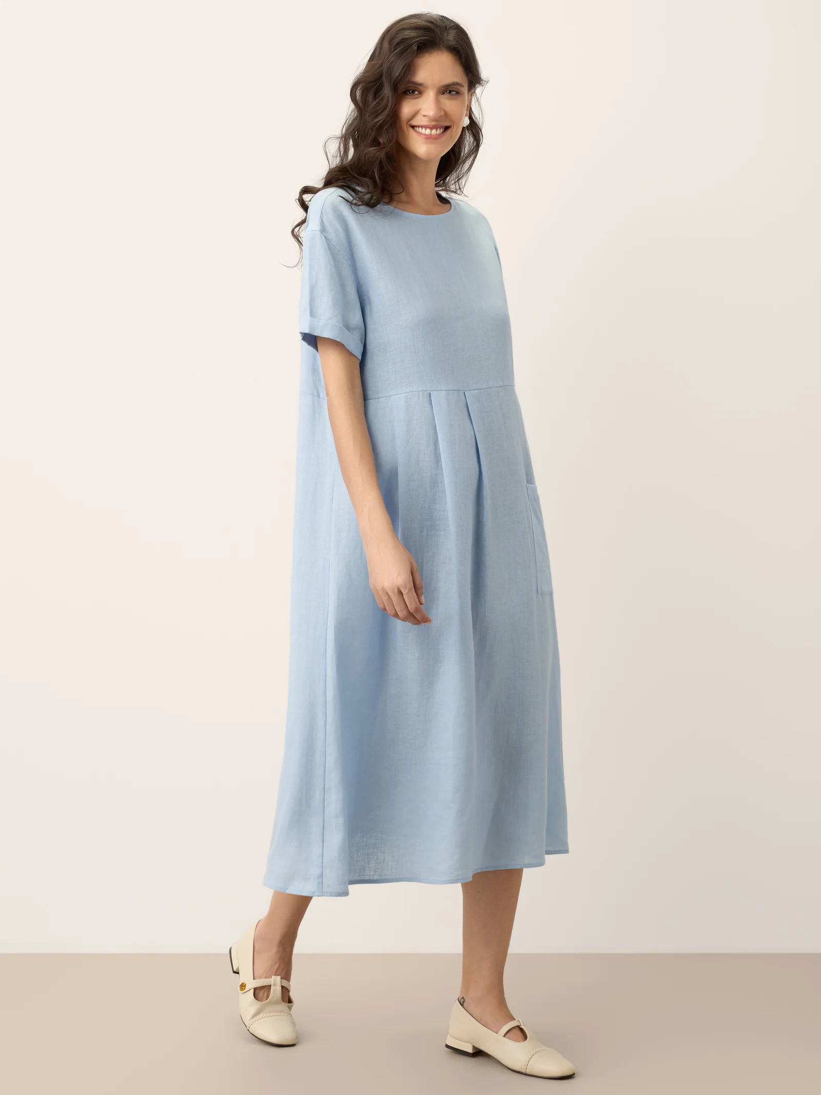 100% Linen Pinstripe Paneled Short-Sleeved Dress MORGAN - Image 14