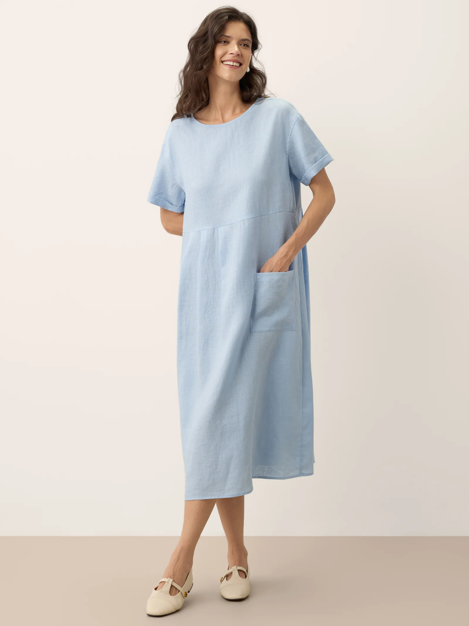 100% Linen Pinstripe Paneled Short-Sleeved Dress MORGAN - Image 17