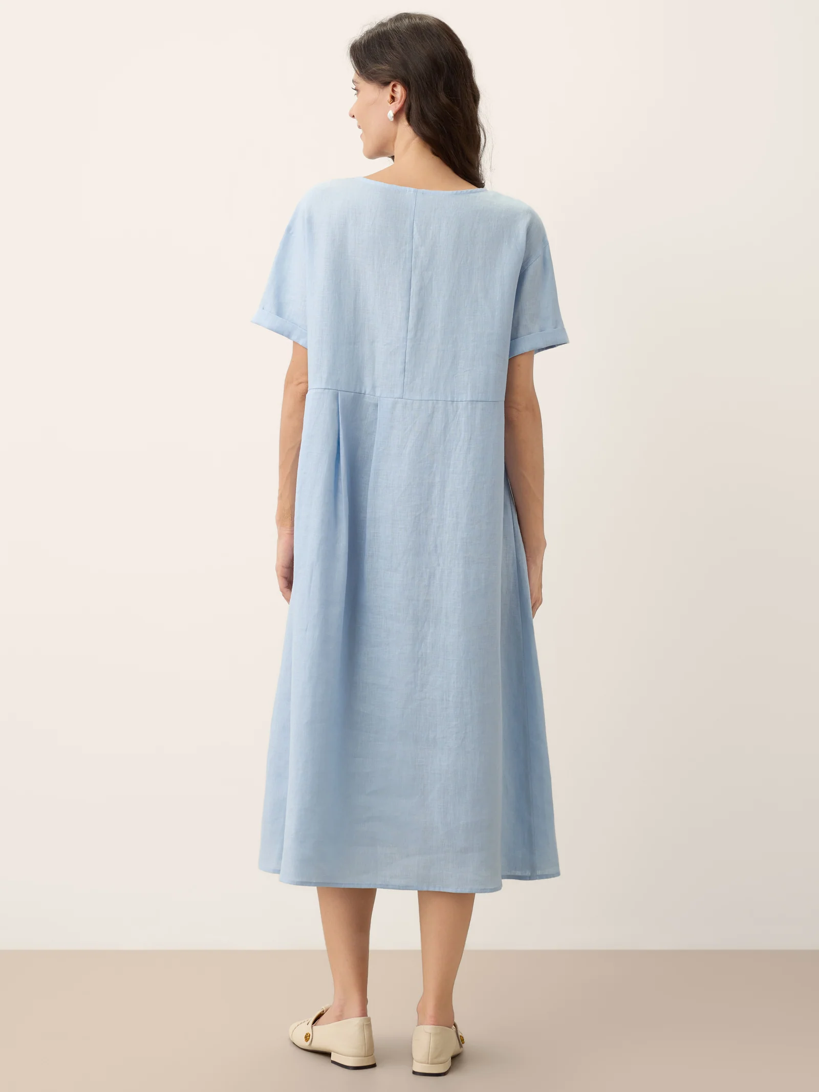 100% Linen Pinstripe Paneled Short-Sleeved Dress MORGAN - Image 18