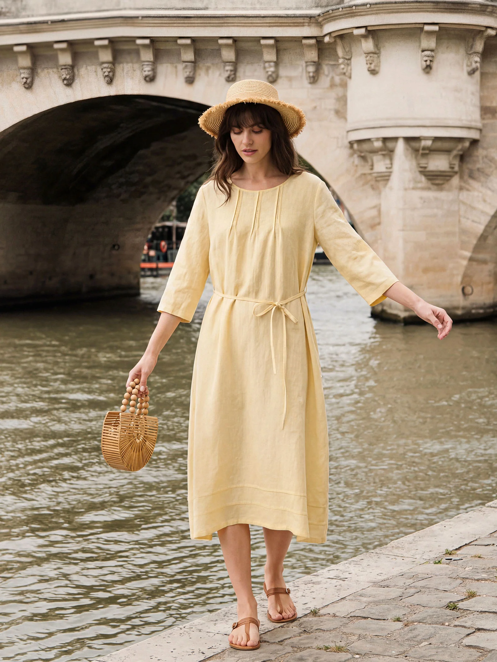 100% Linen Pintucked Embroidered Adjustable Belt Tiered Maxi Dres VERENA - Image 3