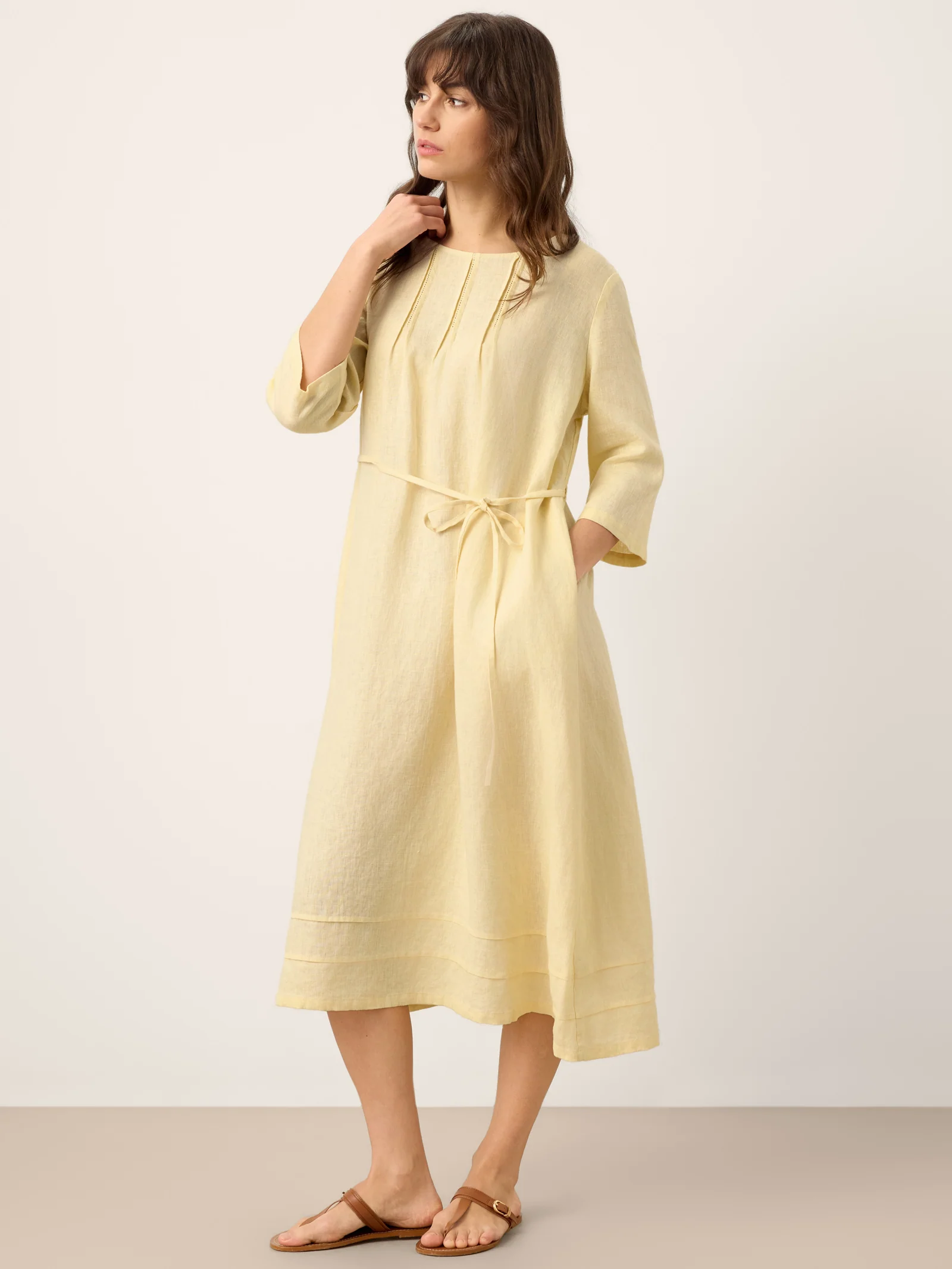100% Linen Pintucked Embroidered Adjustable Belt Tiered Maxi Dres VERENA - Image 5