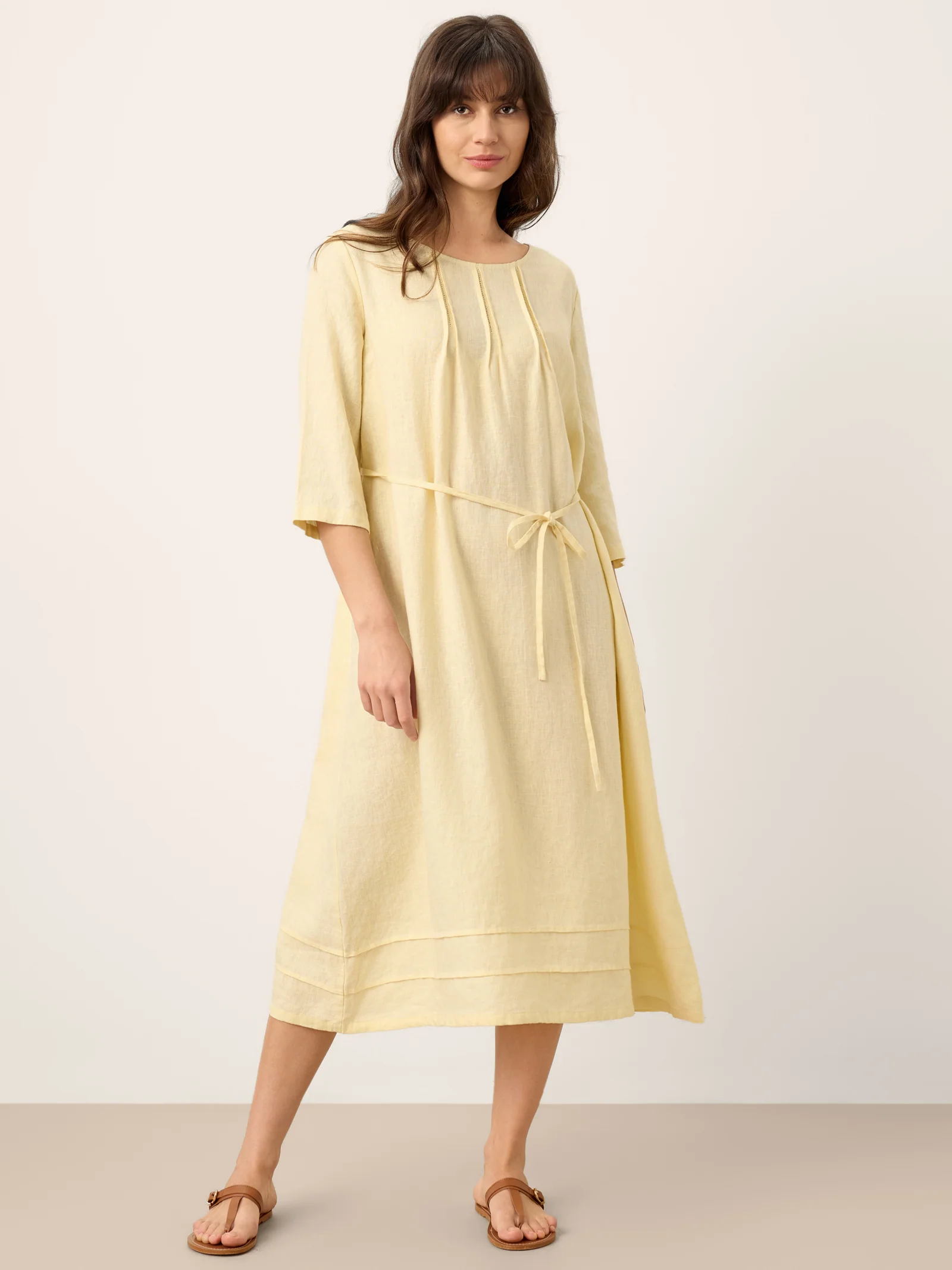 100% Linen Pintucked Embroidered Adjustable Belt Tiered Maxi Dres VERENA - Image 6