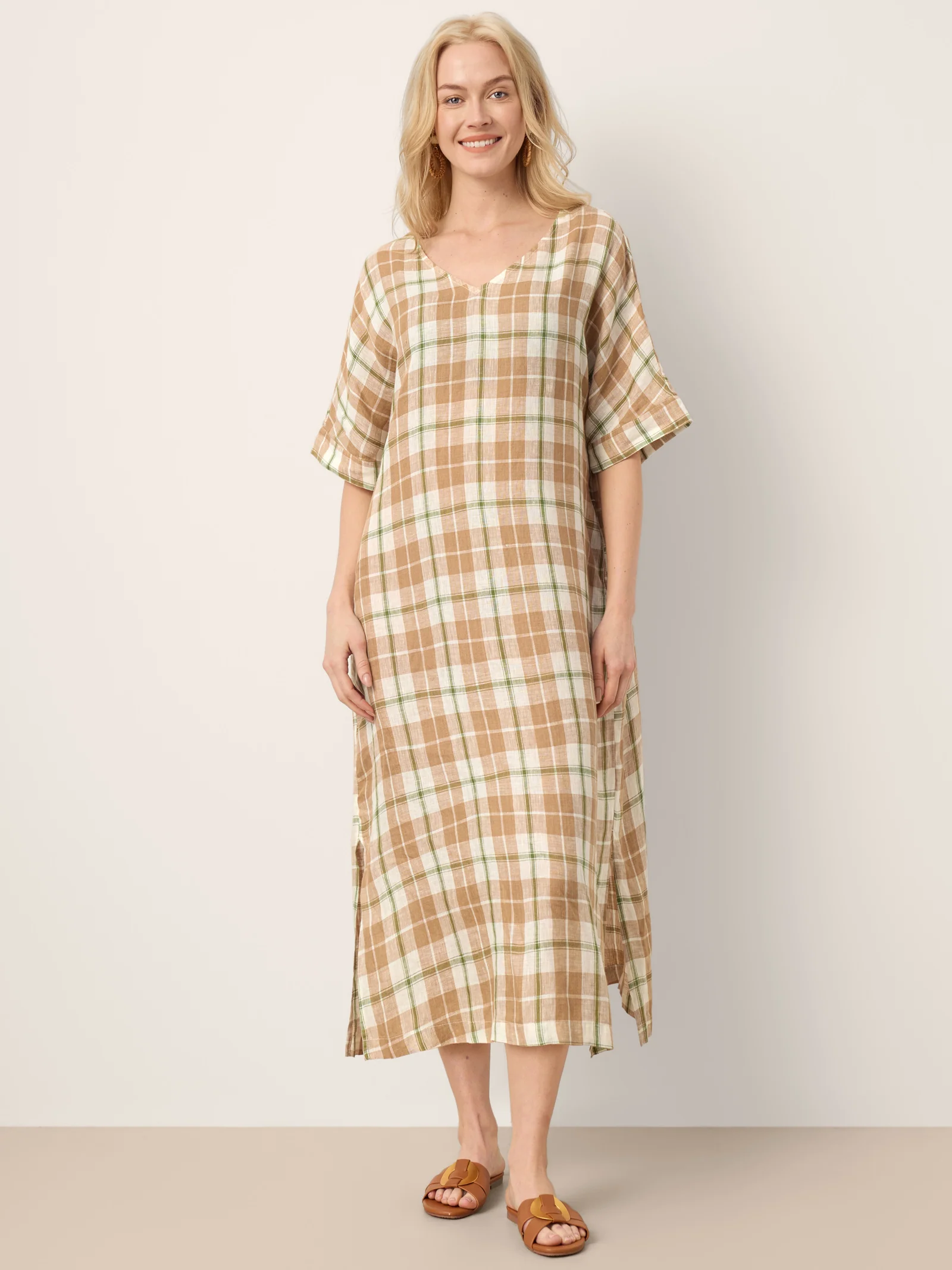 100% Linen Plaid Deep V-Neck Drop Shoulder Side Slit Maxi Dress LESLIE